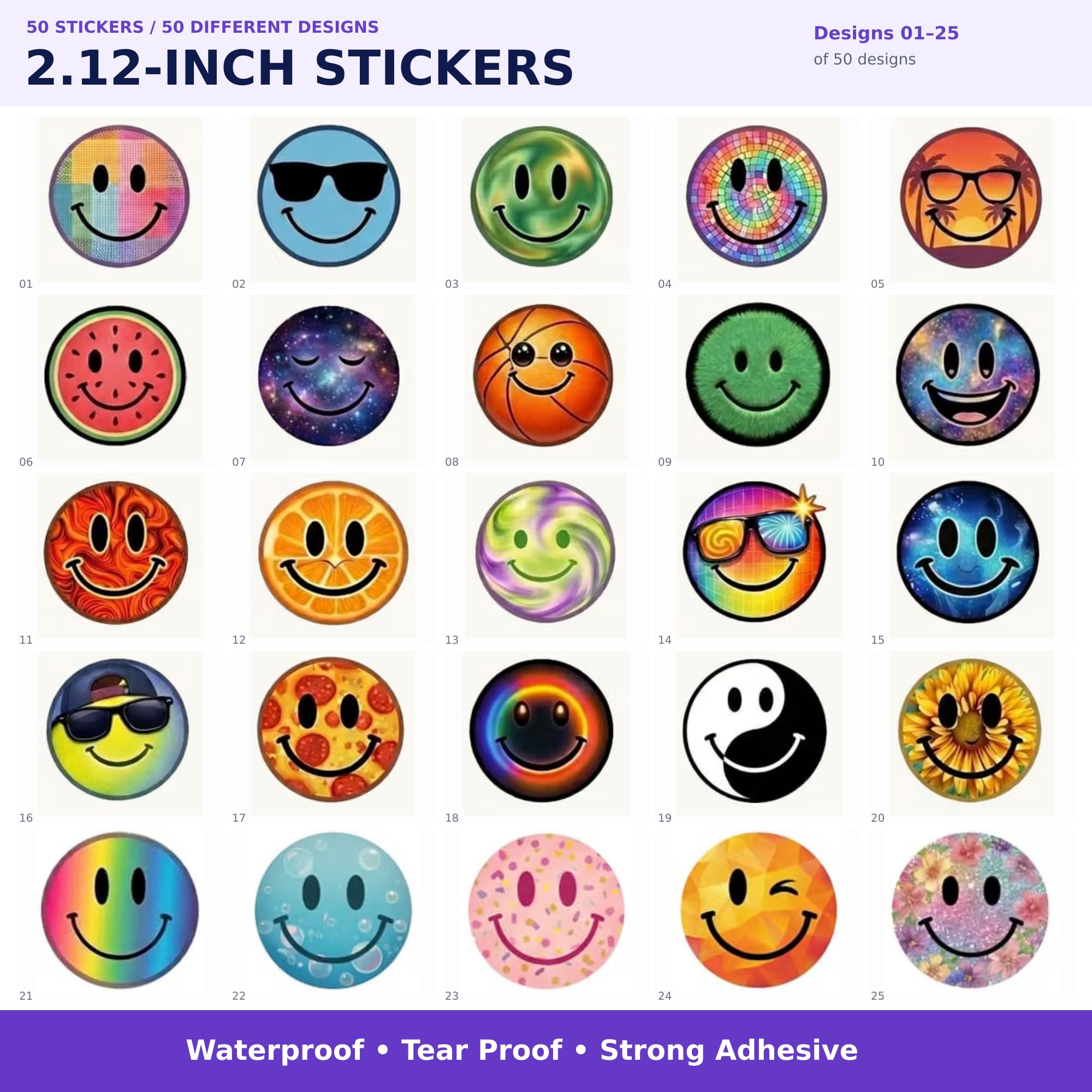 Lot de 50 autocollants en forme de visage souriant pour enfants, 5,3 cm, imperméables et mignons pour ordinateurs portables, récompenses de classe, cadeaux de fête, fournitures pour enseignants