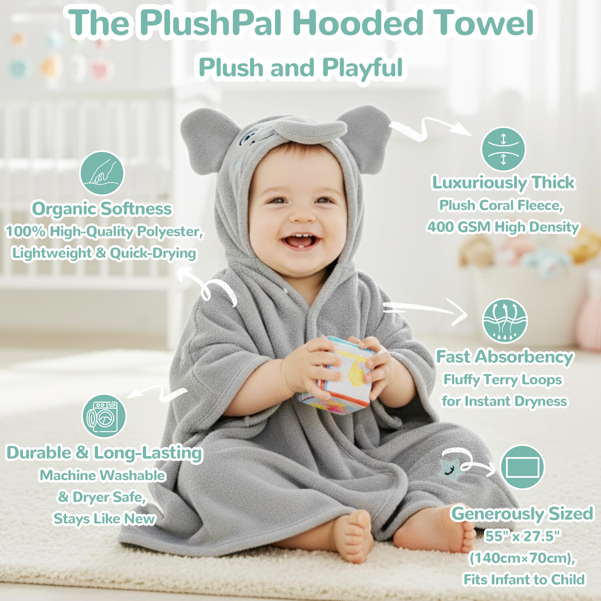HECCEI Hooded Towel for Toddlers Extra Large 140x70 cm Kids Bath Towel with Hood - Image 4