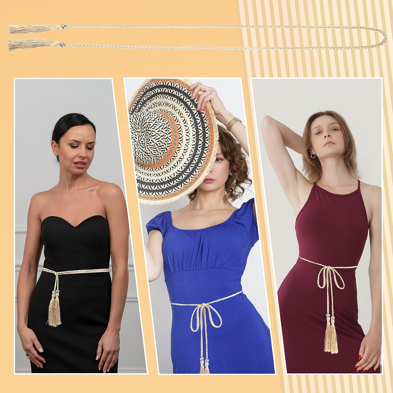 TIESOME Women's Thin Braided Belt Trendy Boho Thin Belt Waistband Tassel Braided Waist Belt for Skirt Dress