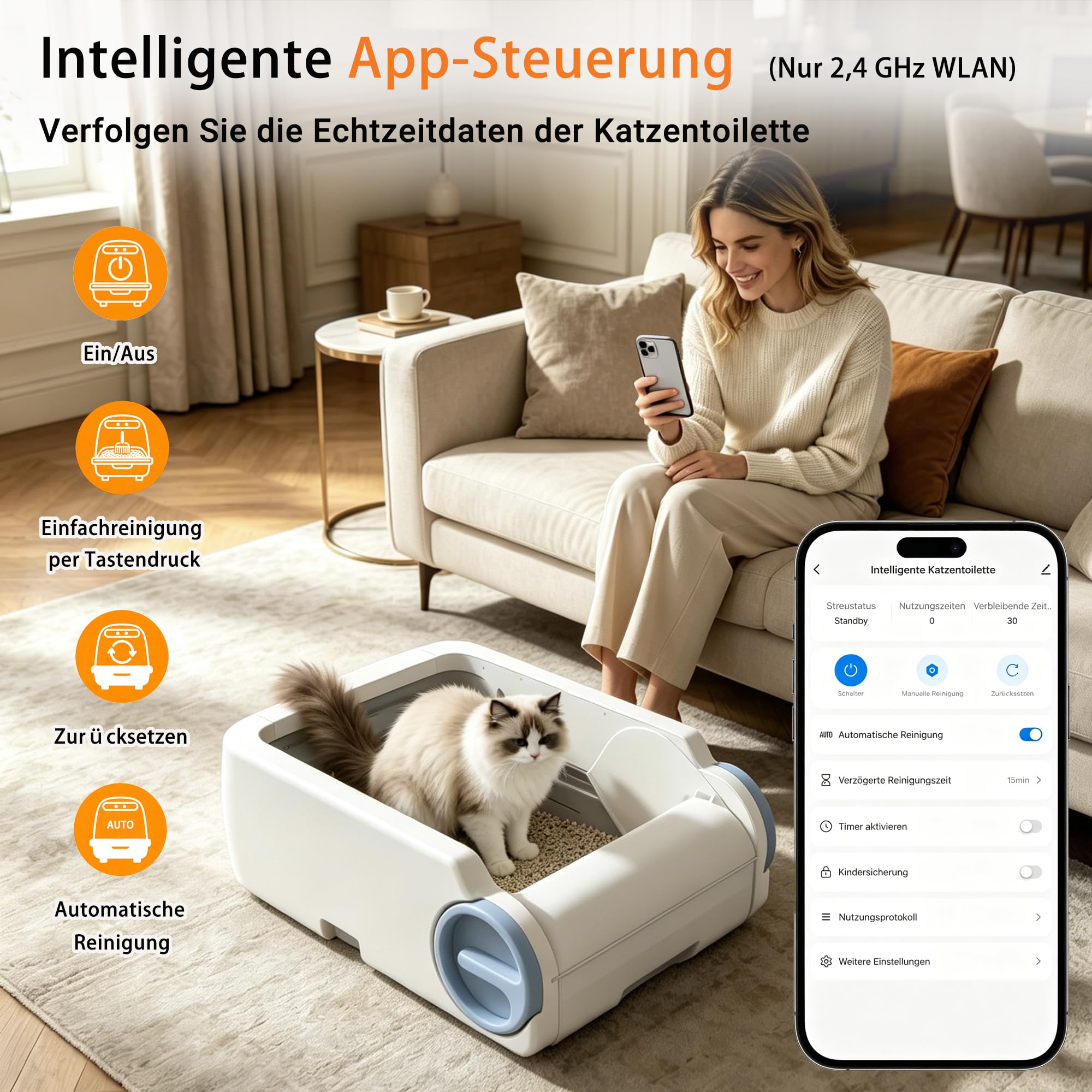 Selbstreinigende Katzentoilette mit Offenem Top-Design | Automatisches Katzenklo für Mehrere Katzen mit 4 Infrarotsensoren,Niedriger Einstieg (16 cm) für Kätzchen & Senioren