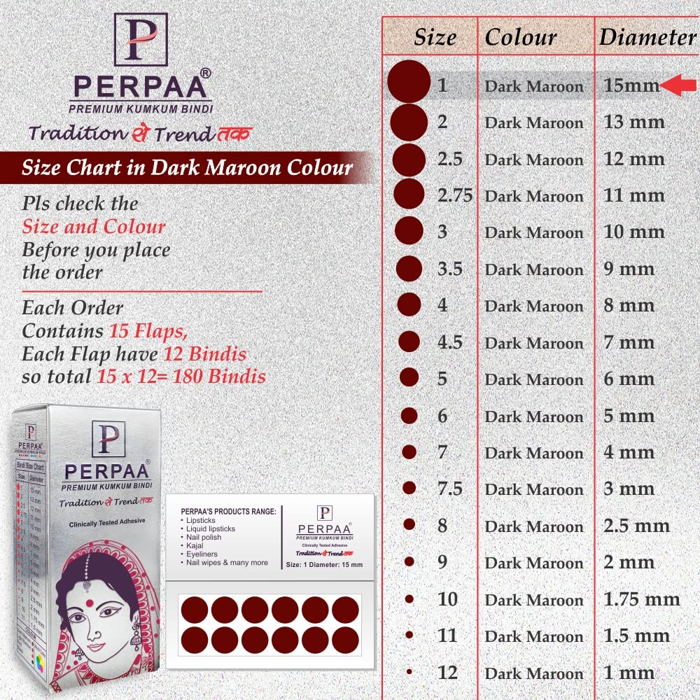 PERPAA Kumkum Dark Maroon Round Bindi Book for Ladies Forehead Pack of 2-15 Flaps Each Box (Stick On) (01, Diameter 15mm) 4