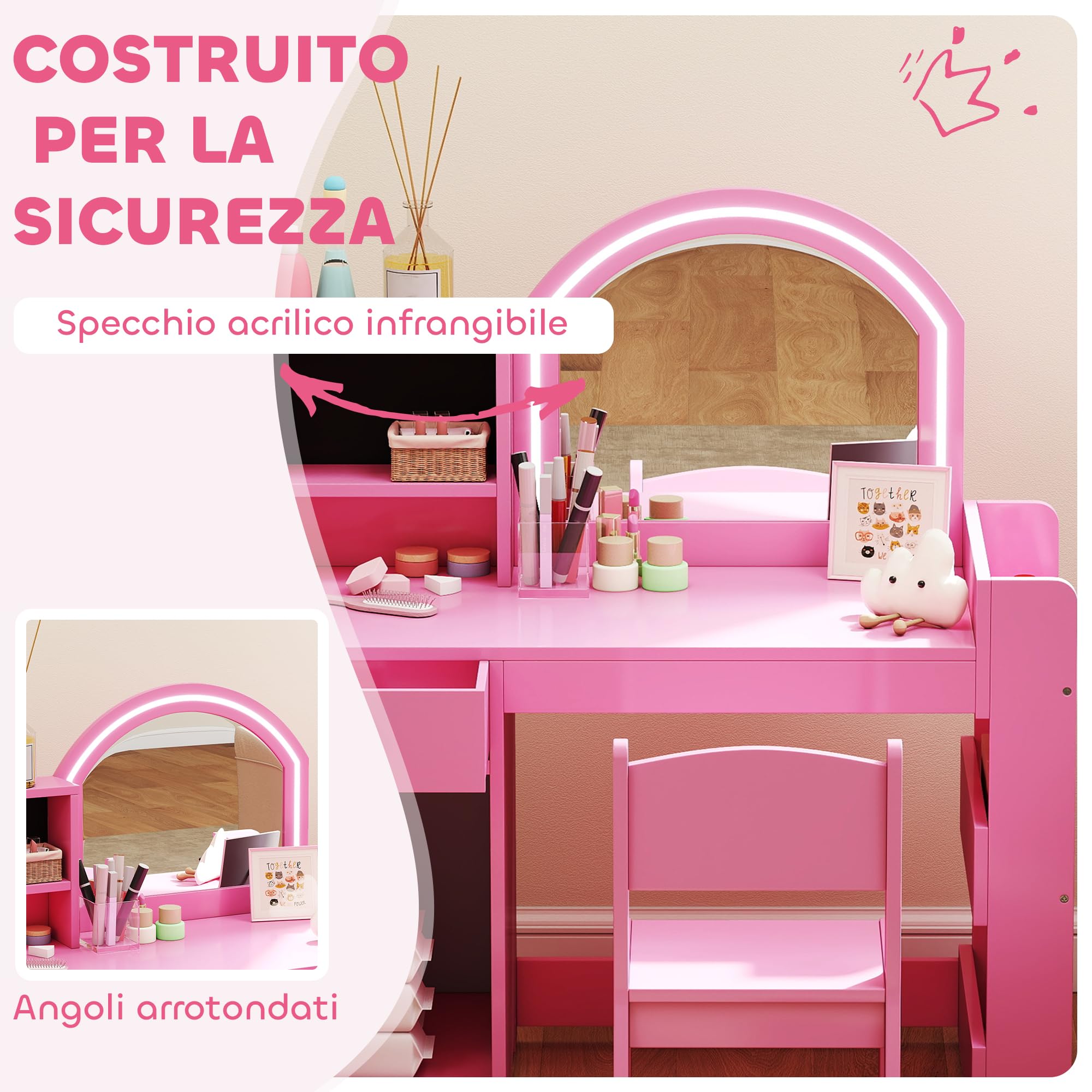 AIYAPLAY Set Toeletta Trucco per Bambini 3-8 Anni 2 in 1 con Specchio Illuminato e Sedia, Postazione Trucco in Legno con Luce LED a 2 Colori, Armadietto, Scaffali e Libreria, Rosa
