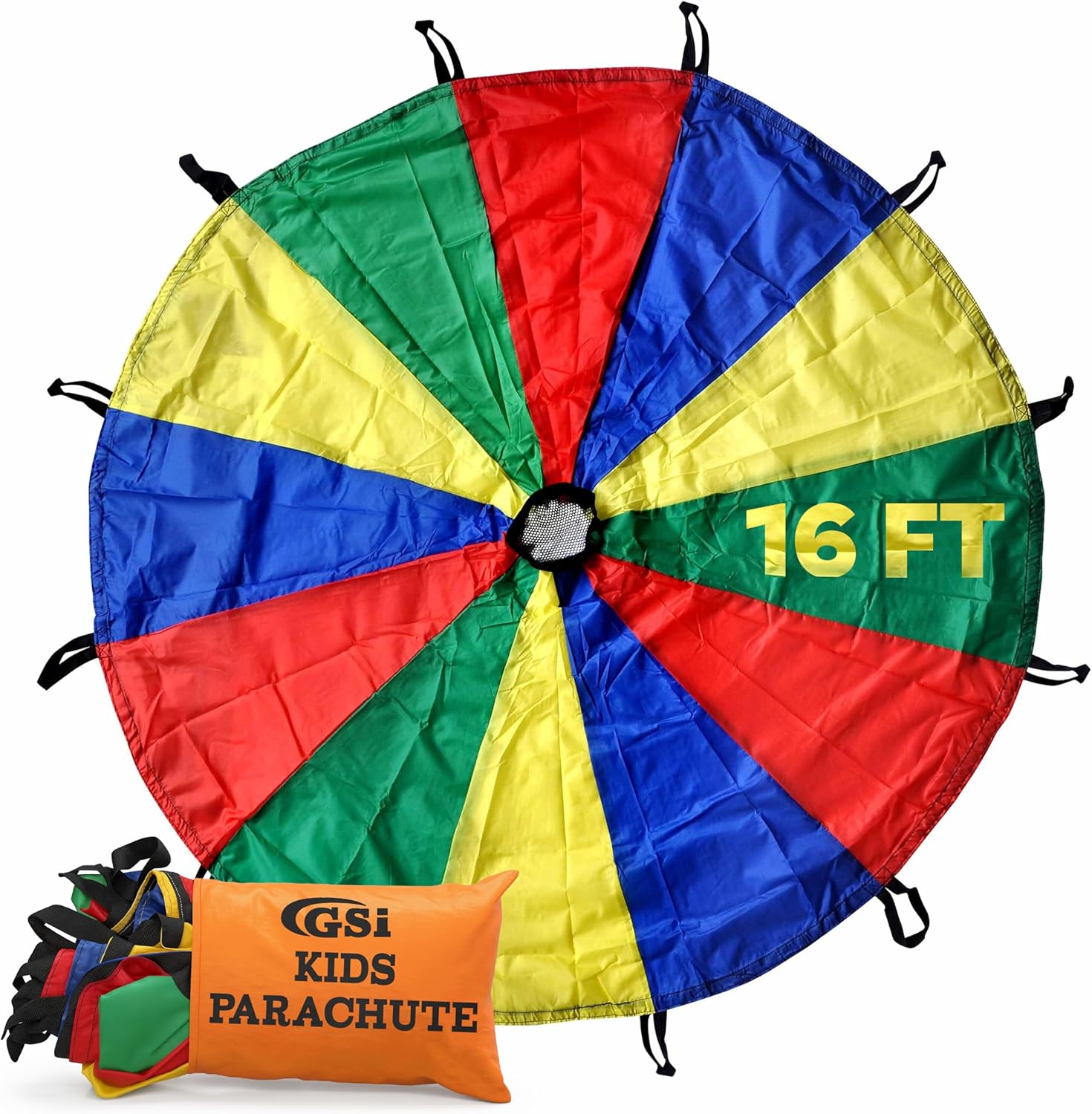 GSi Kids Play Parachute Rainbow Parachute Toy Tent Game for Children Gymnastics Cooperative Play and Outdoor Playground Activities (16 Feet)