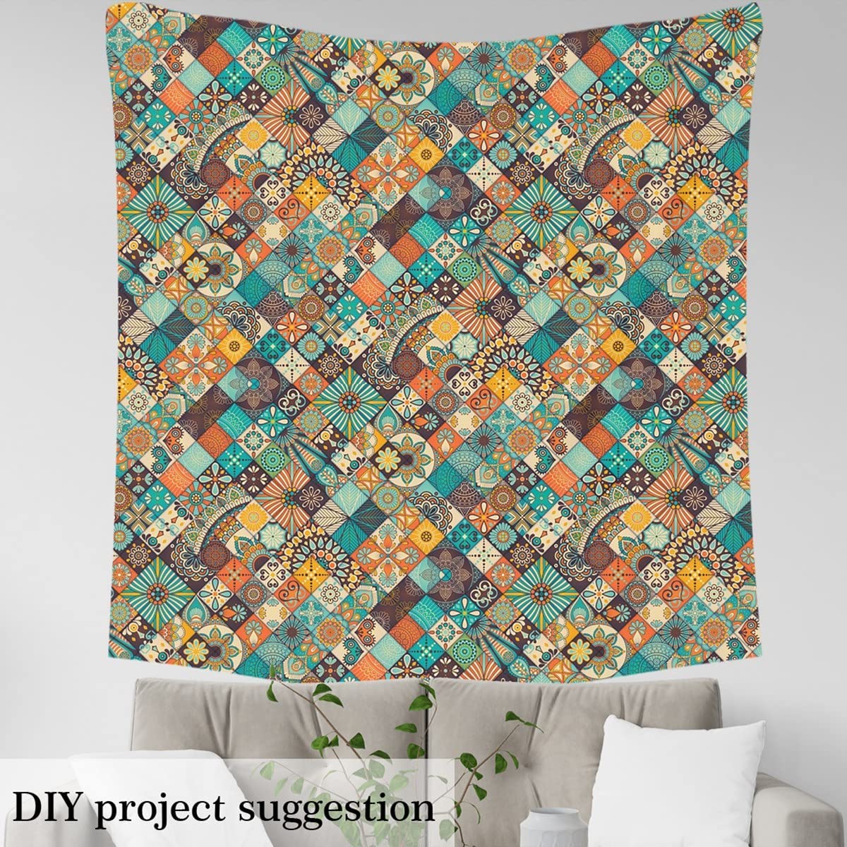 Boho Plaid Fabric by The Yard, Vintage Indian Mandala Upholstery, Exotic Style Grid Outdoor Fabric - Image 3