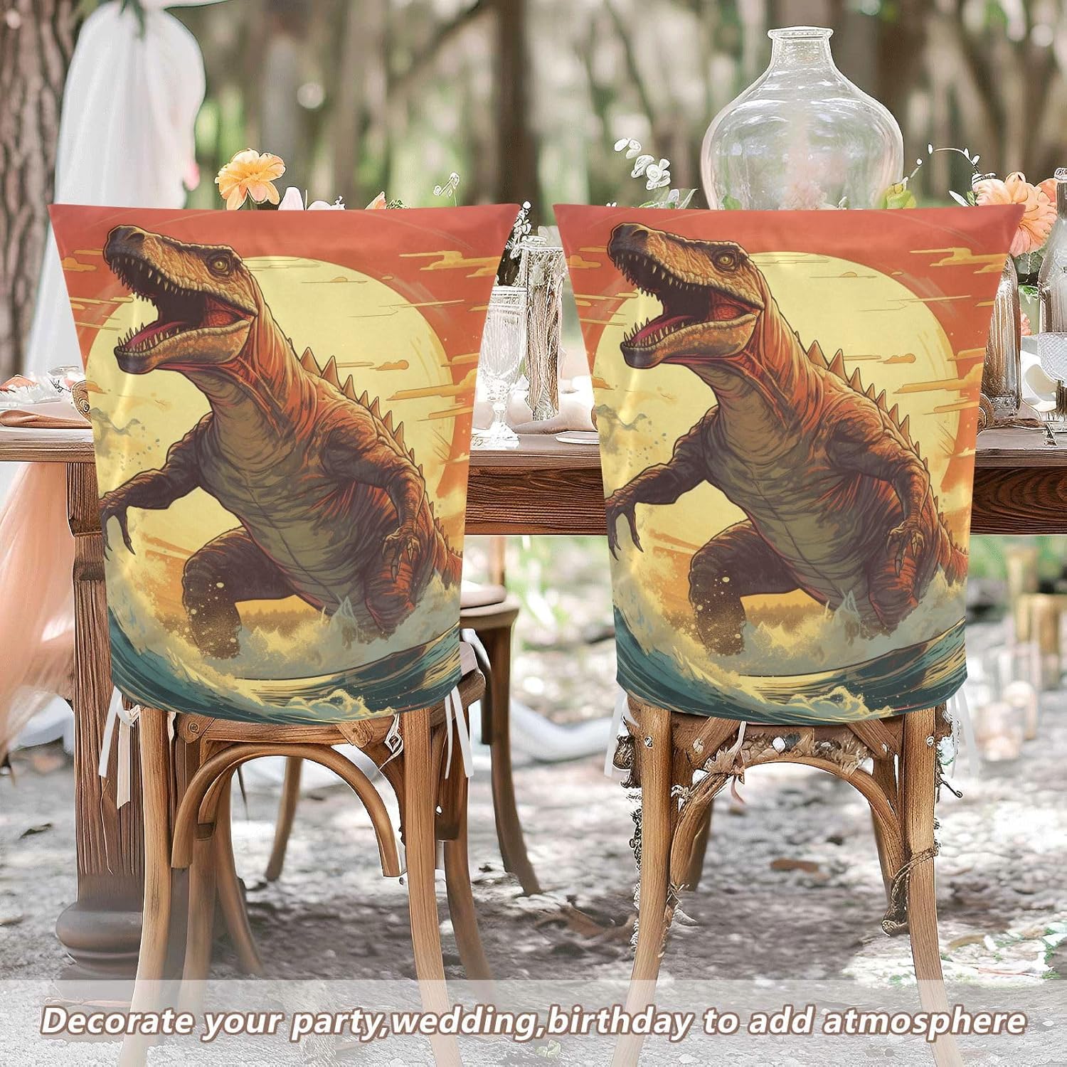 ALAZA Surfing Dinosaur Ocean Wave Chair Back Cover Set of 6, Washable Reusable Removable Chair Slipcovers Decorative Chair Cover for Home Kitchen Wedding Party
