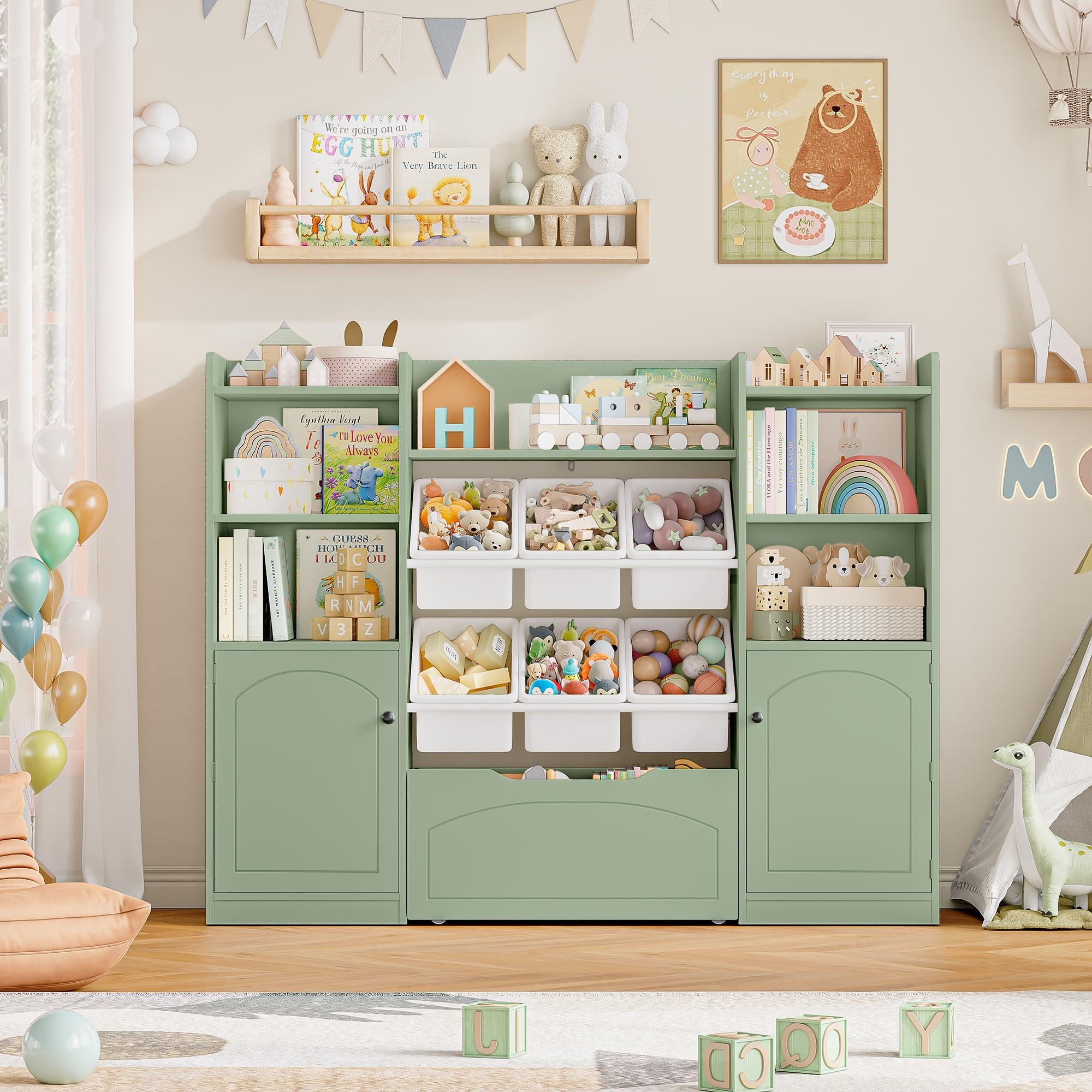 FOREHILL Kinderregal mit 6 Boxen Kinderzimmer Möbel mit Kinderbücherregal Spielzeugregal aus Holz Spielzeug Organizer mit Aufbewahrungsbox Regal für Kinderzimmer 140,5x33x108,2 cm