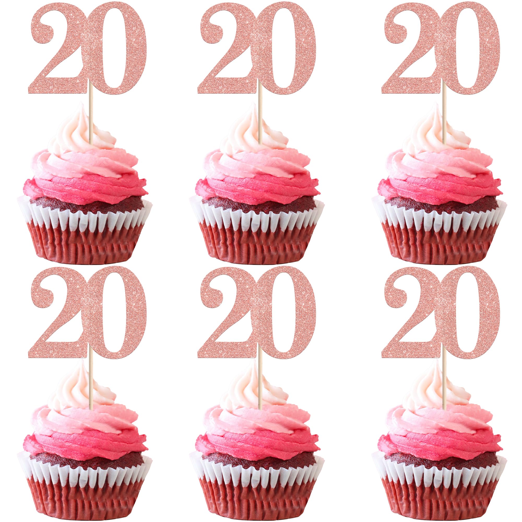 Xsstarmi 36 Pack Number 20 Cupcake Toppers Glitter Cheers to 20 Years Birthday Cupcake Picks Decoration for Happy 20th Birthday Wedding Anniversary Party Cake Decorations Rose Gold