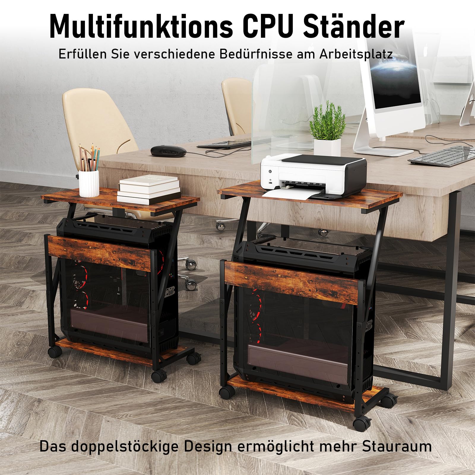 Computer Tower Ständer, Höhenverstellbarer CPU Stand, CPU Halter PC Regal mit Rollen, Druckerständer unter Schreibtisch, 2 Schicht Computer Ständer Drucker Cart