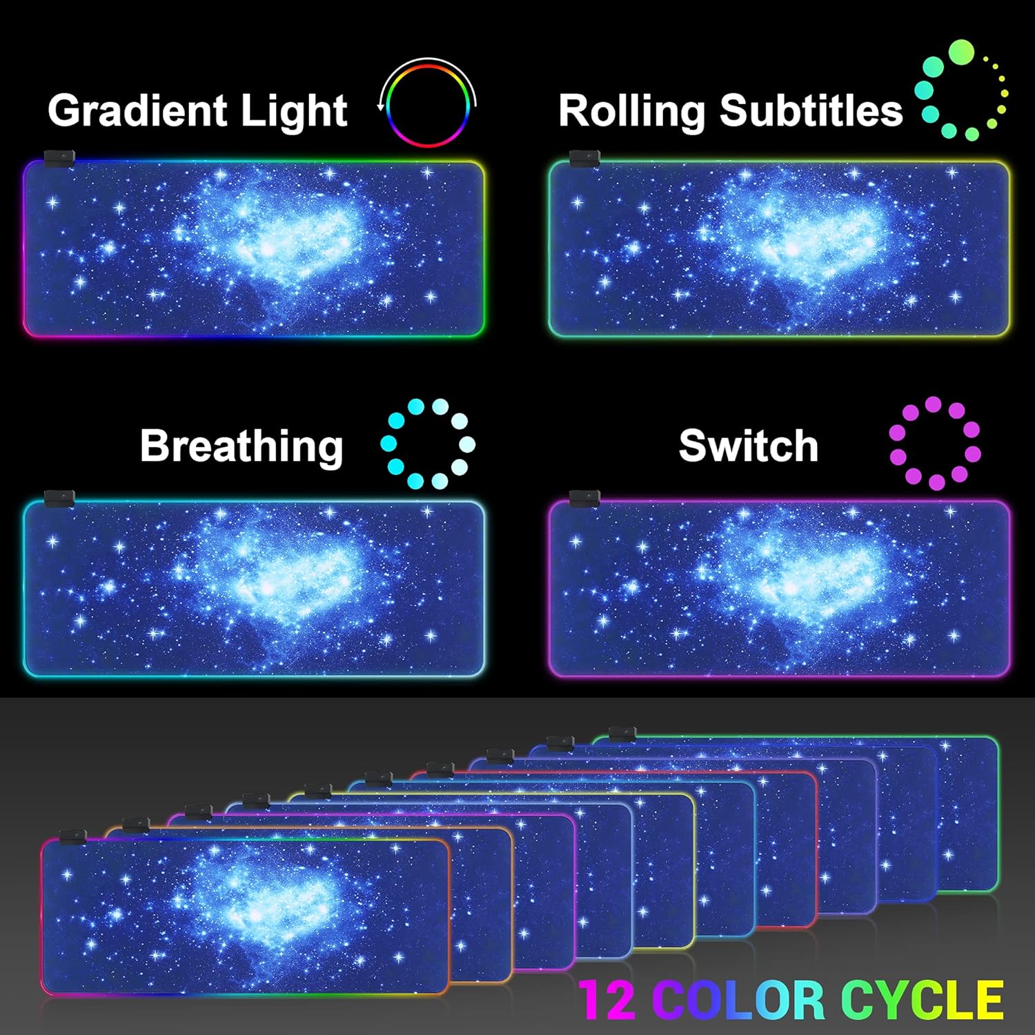 RGB Gaming Mouse Pad, Led Mouse Pad with 14 Lighting Mods Large Sized Soft Mousepad, Waterproof, Low Friction Hard Surface Keyboard Mouse Mat for Gaming and Work - 31.5×11.8 (Starry Sky)