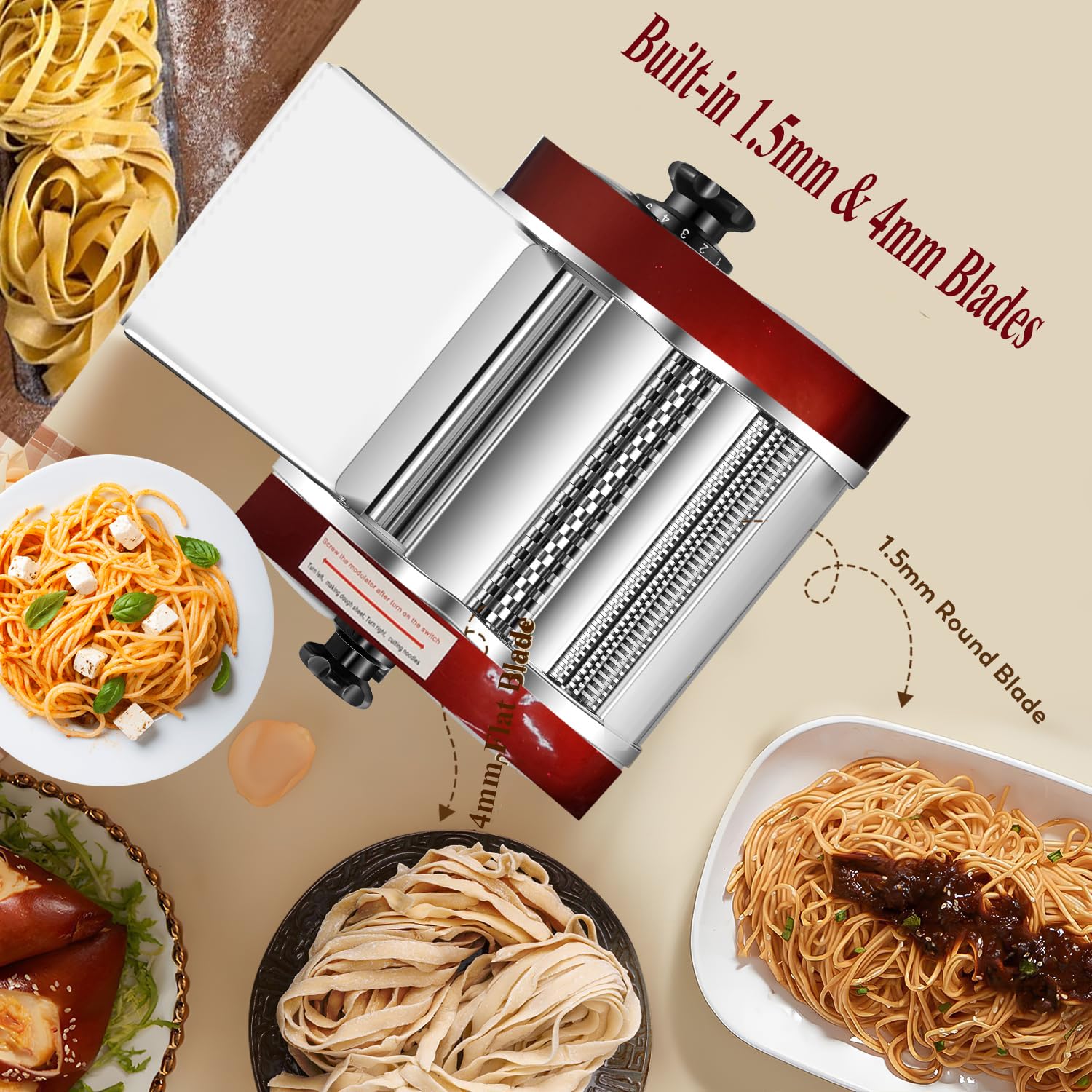 Máquinas Eléctricas Para Pasta - Fabricante de Fideos con Rodillo y Doble Cuchilla de Acero Inoxidable - 1.5mm (Redondo) y 4mm (Plano) - Para Uso Doméstico y Comercial