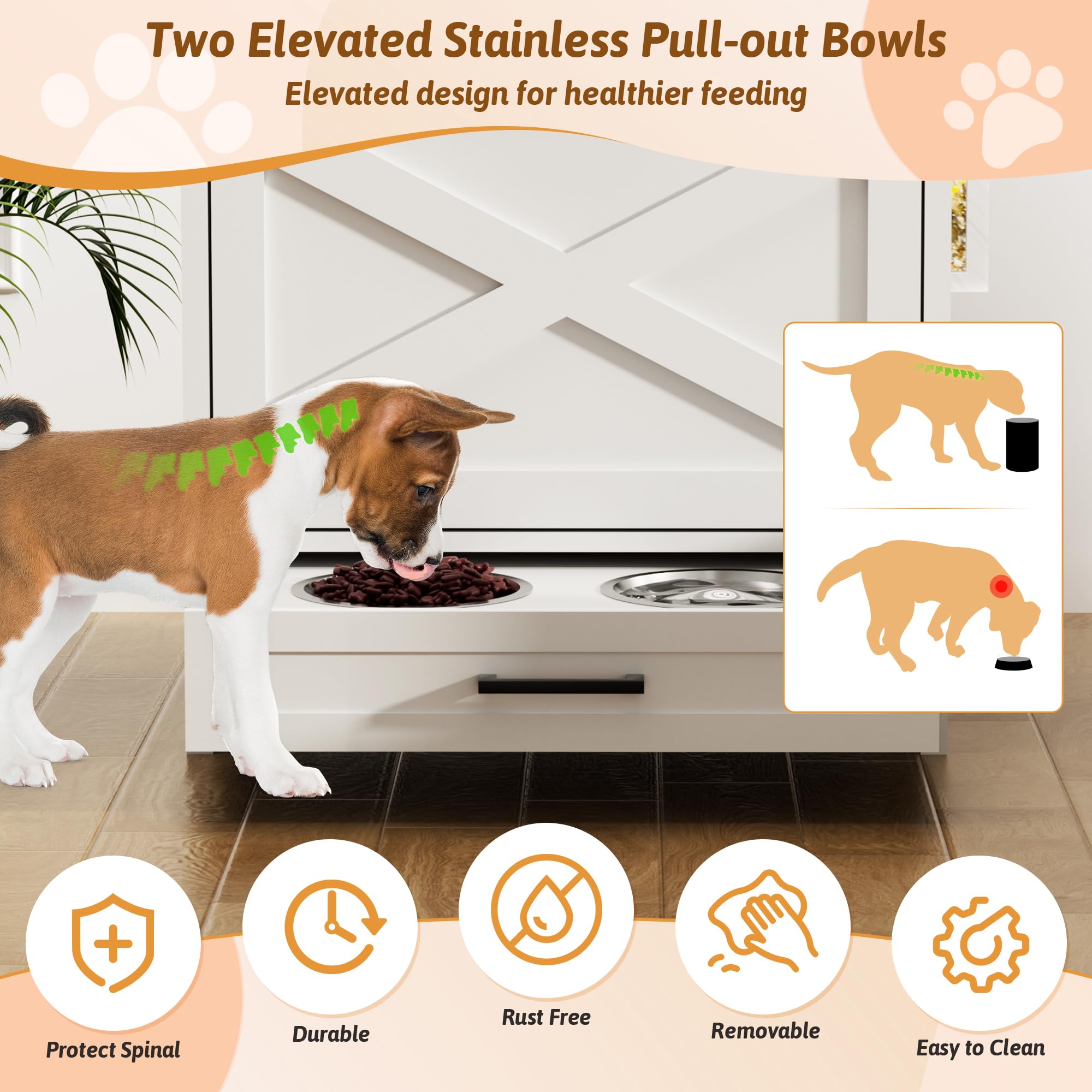 Armadietto moderno per alimenti per cani con 2 ciotole rialzate, stazione di alimentazione per animali domestici con organizer, mobile per alimenti per animali domestici, inclinabile, bianco