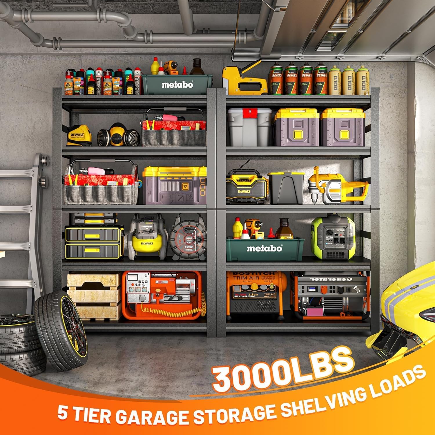 Heavy Duty Storage Shelves, Garage Shelving, Adjustable Metal Shelving Unit, 5 Tier Metal Shelving Unit, Storage for Warehouse, Basements, Garages, Pantries (87" H x 47" W x 24" D)