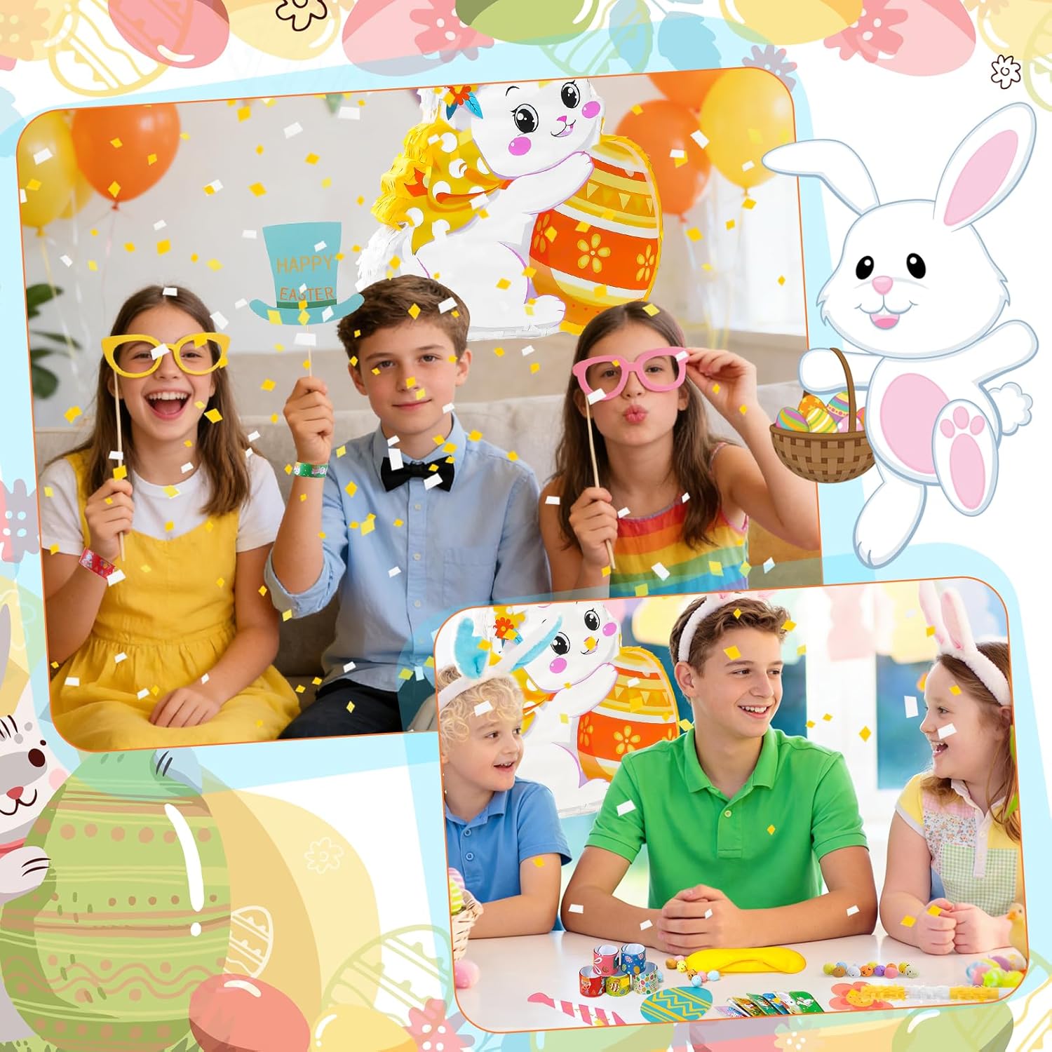 96pcs Easter Bunny Piñata Set Easter Piñata with Blindfold Hitting Stick Confetti Eggs Bracelets Photo Props for Birthday Decoration School Spring Party Game (14.17x11.8x2.76 inch)