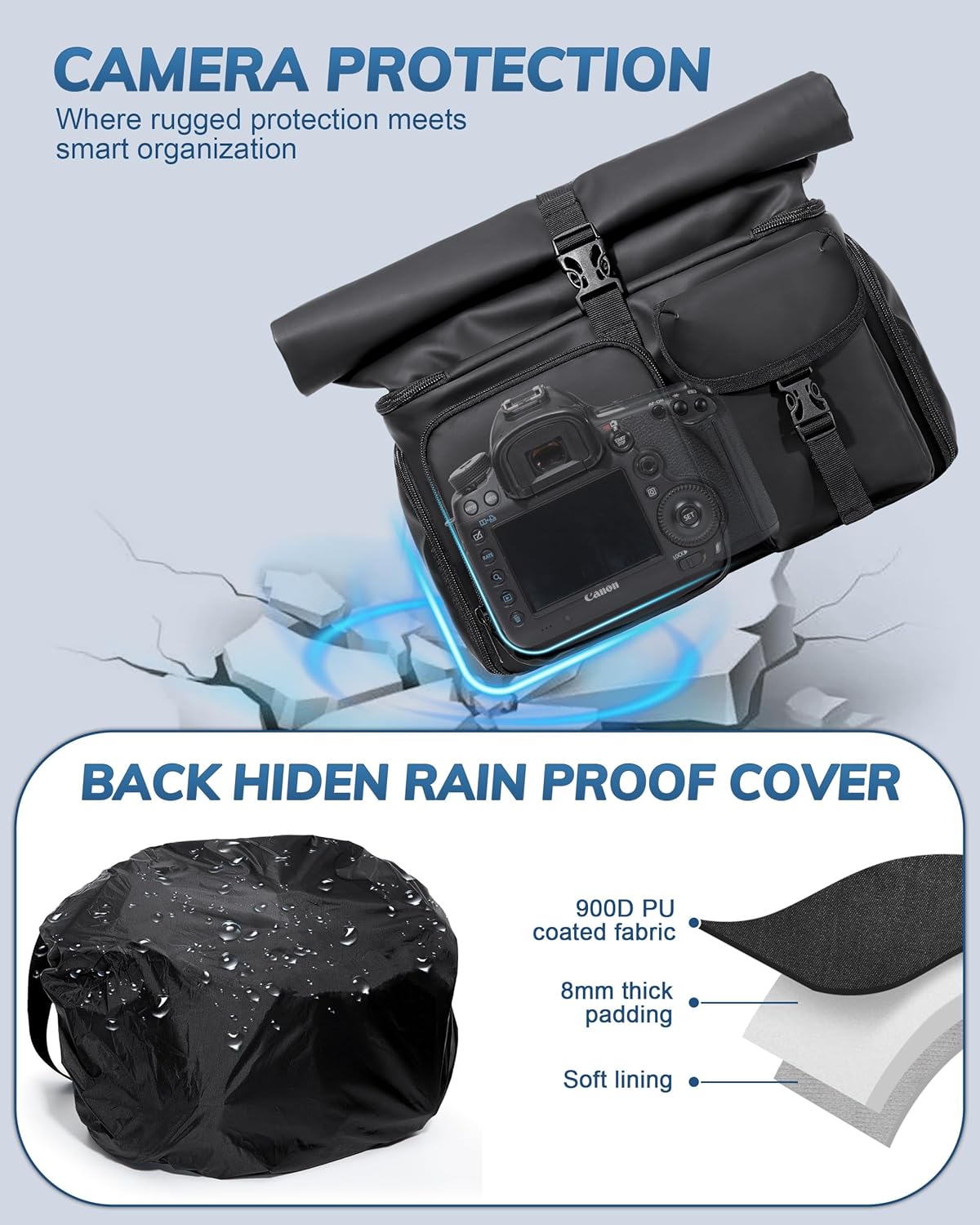 Smasrob Camera Bag with Tripod Holder, Rain Cover and Hidden Water Bottle Holder, Camera Sling Bag with Extra Storage Section, Black