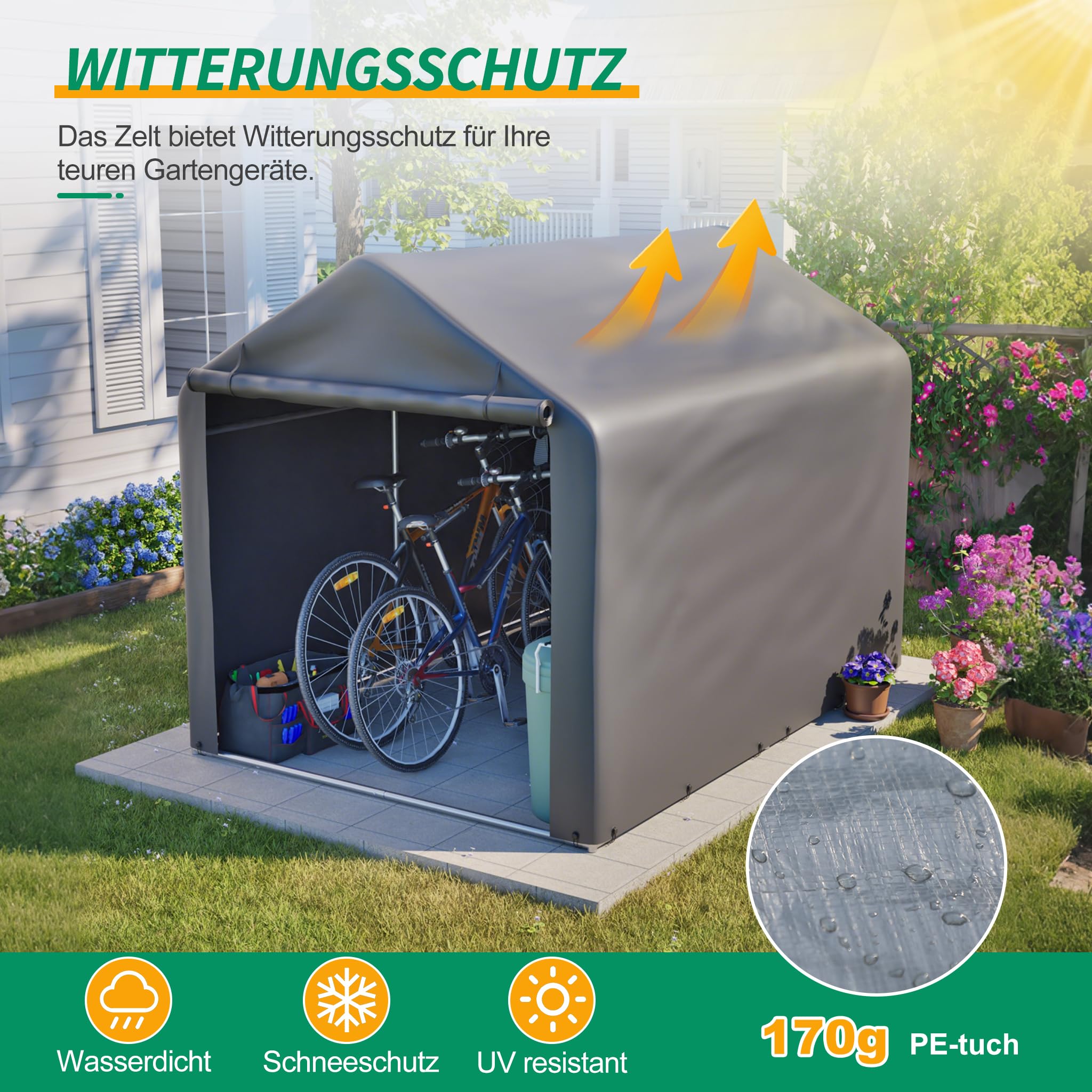 Fahrradgarage Wetterfest 160×220×165cm für 2-4 Fahrräder,Schneeschutz Motorradgarage mit UV-Beständig und Wasserdicht,Fahrrad Lagerzelt mit Outdoor-Schuppen für E-Bike,Ideal für Garten, Terrasse，Hof