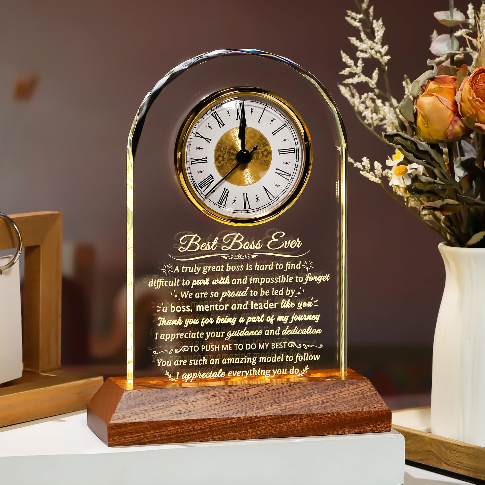 Arikyrist Reloj de cristal con base de luz de madera para hombres y mujeres