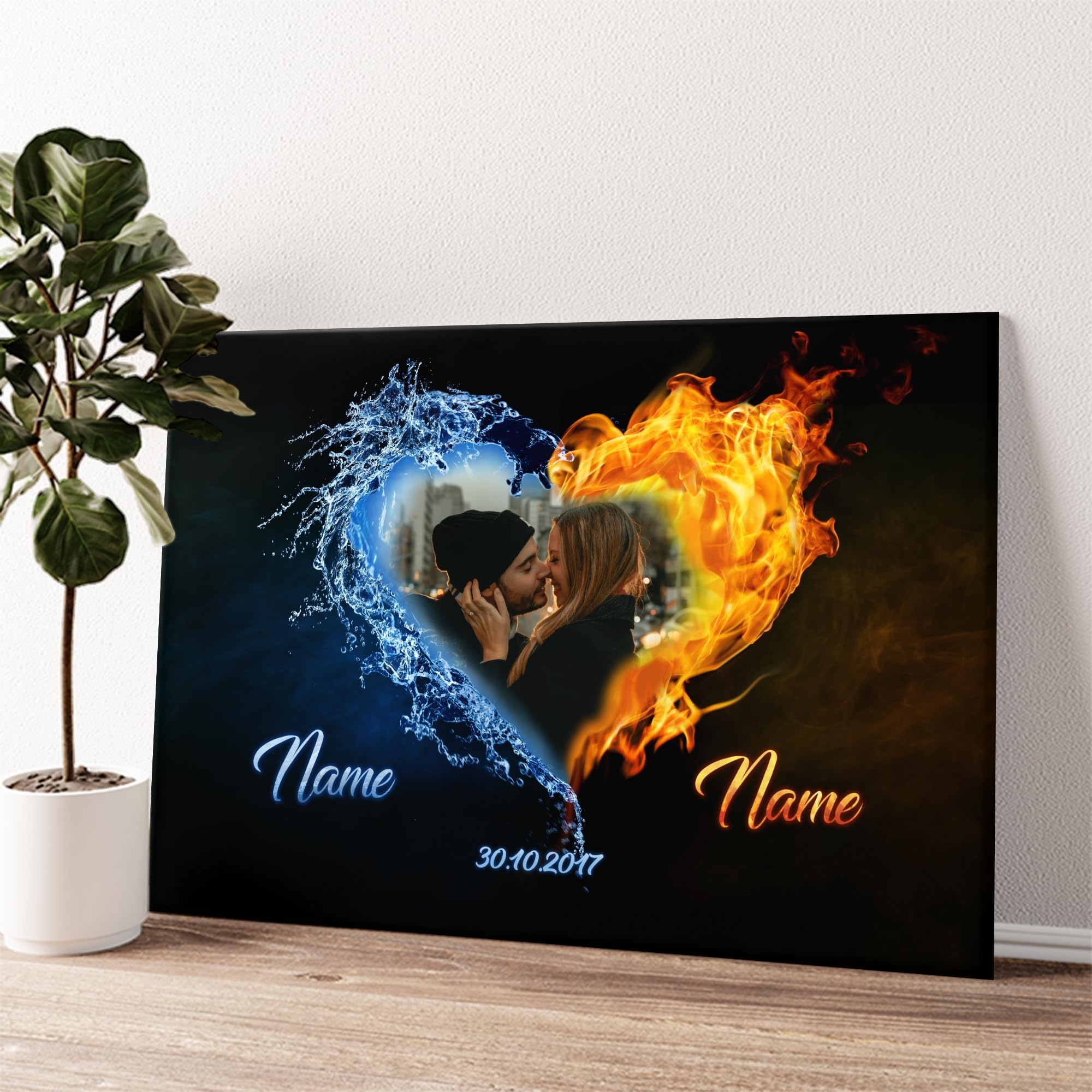 Liebesleinwand Personalisiertes Fotogeschenk für Partner Geschenk Jahrestag, Verlobung, Hochzeitstag | Leinwandbild mit eigenem Foto romantisch gestalten | Elemente der Liebe