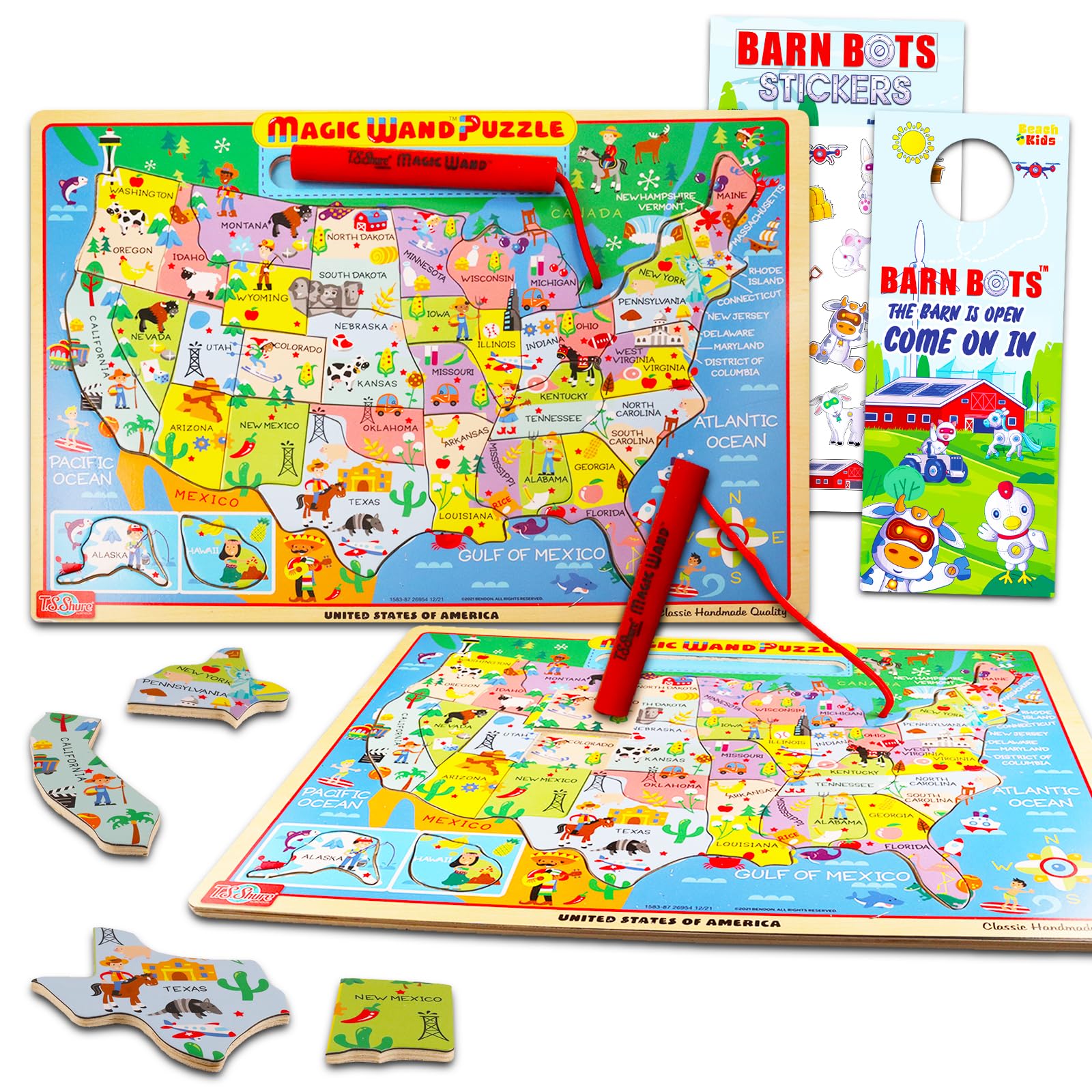 USA Magnetic Wand Map Puzzle - Wood Toy Bundle with United States Jigsaw for Boys and Girls Plus Stickers, More