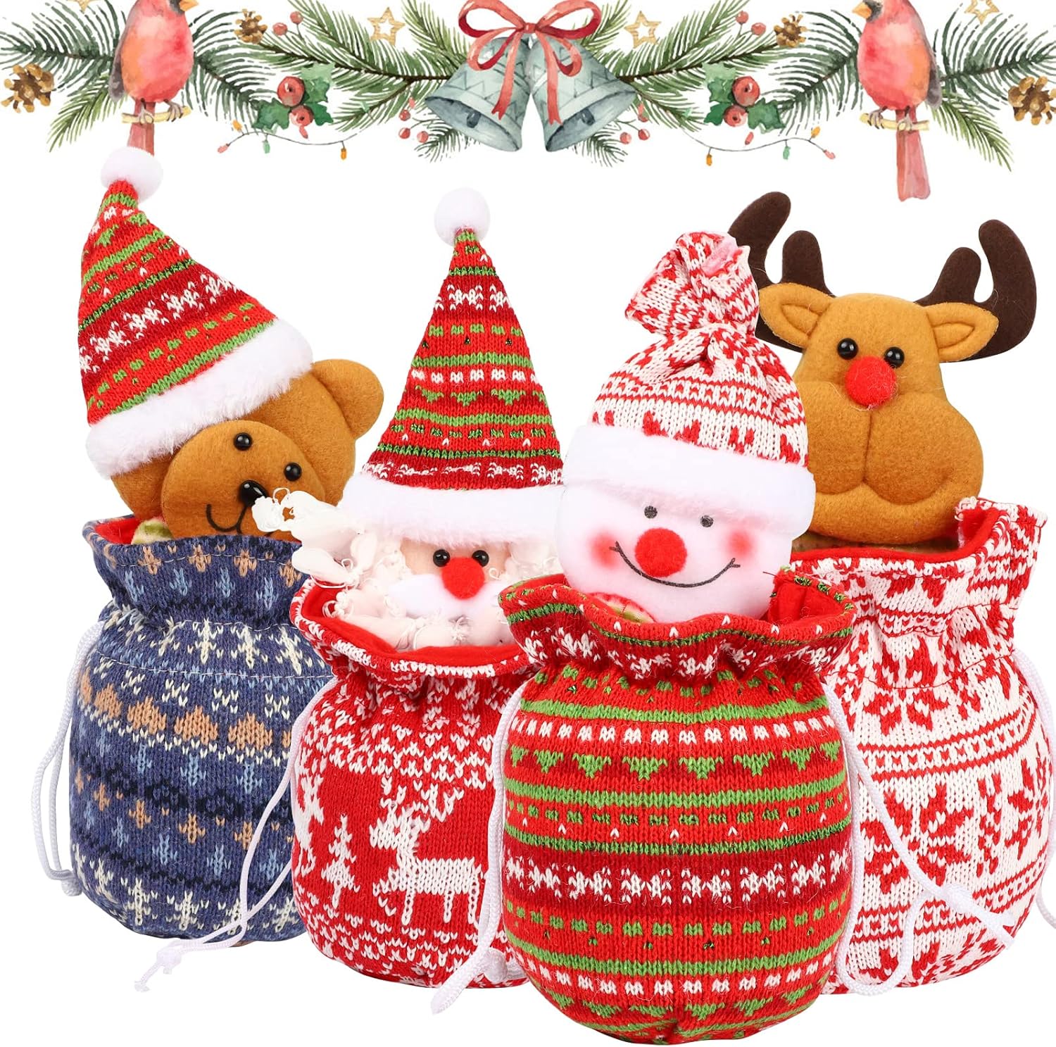 4 Pcs Christmas Gift Bags, Drawstring Christmas Gift Bags with Santa