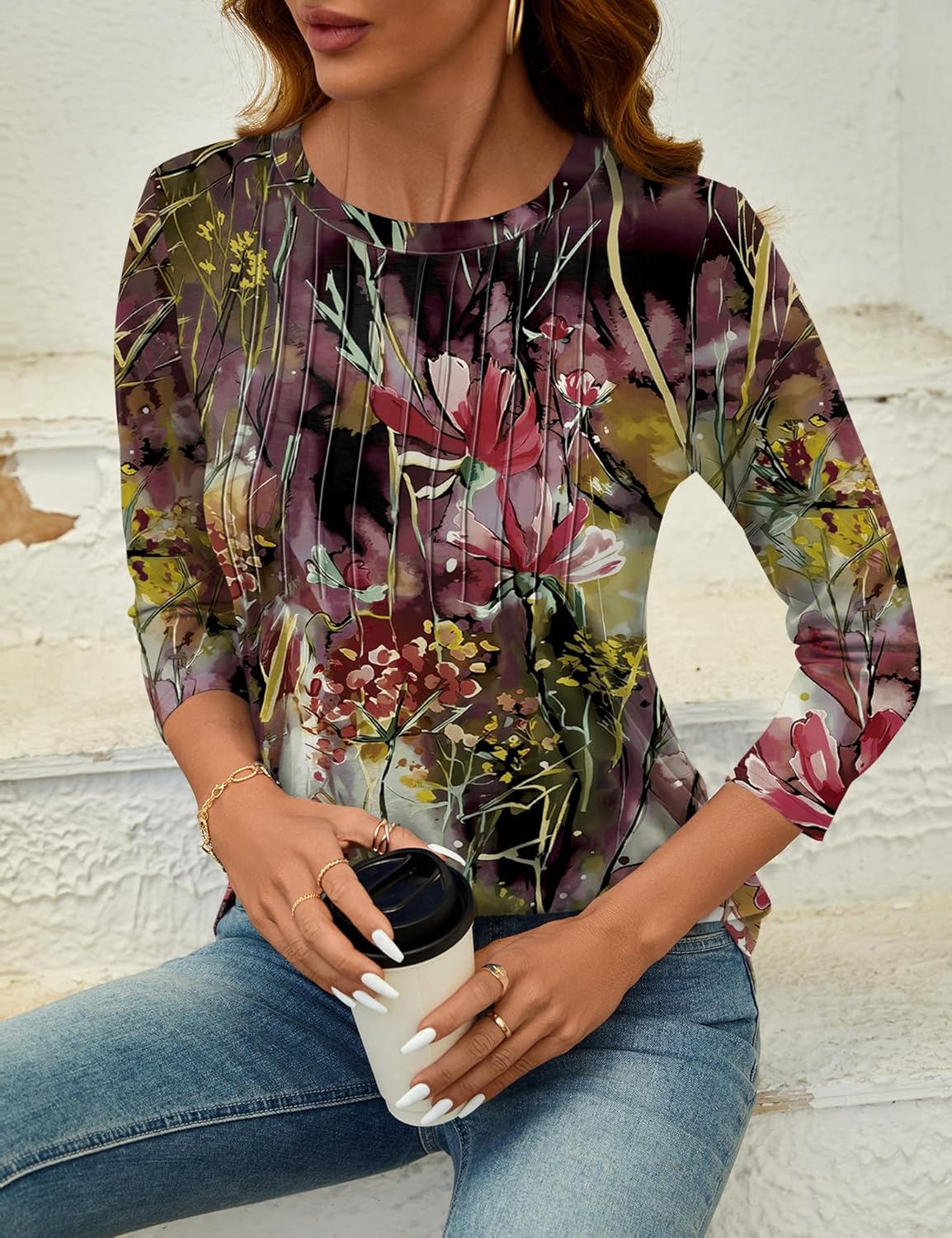 LOMON Women's 3/4 Length Sleeve Tops Crew Neck Dressy Casual Blouses Summer Tees Shirts - Image 6