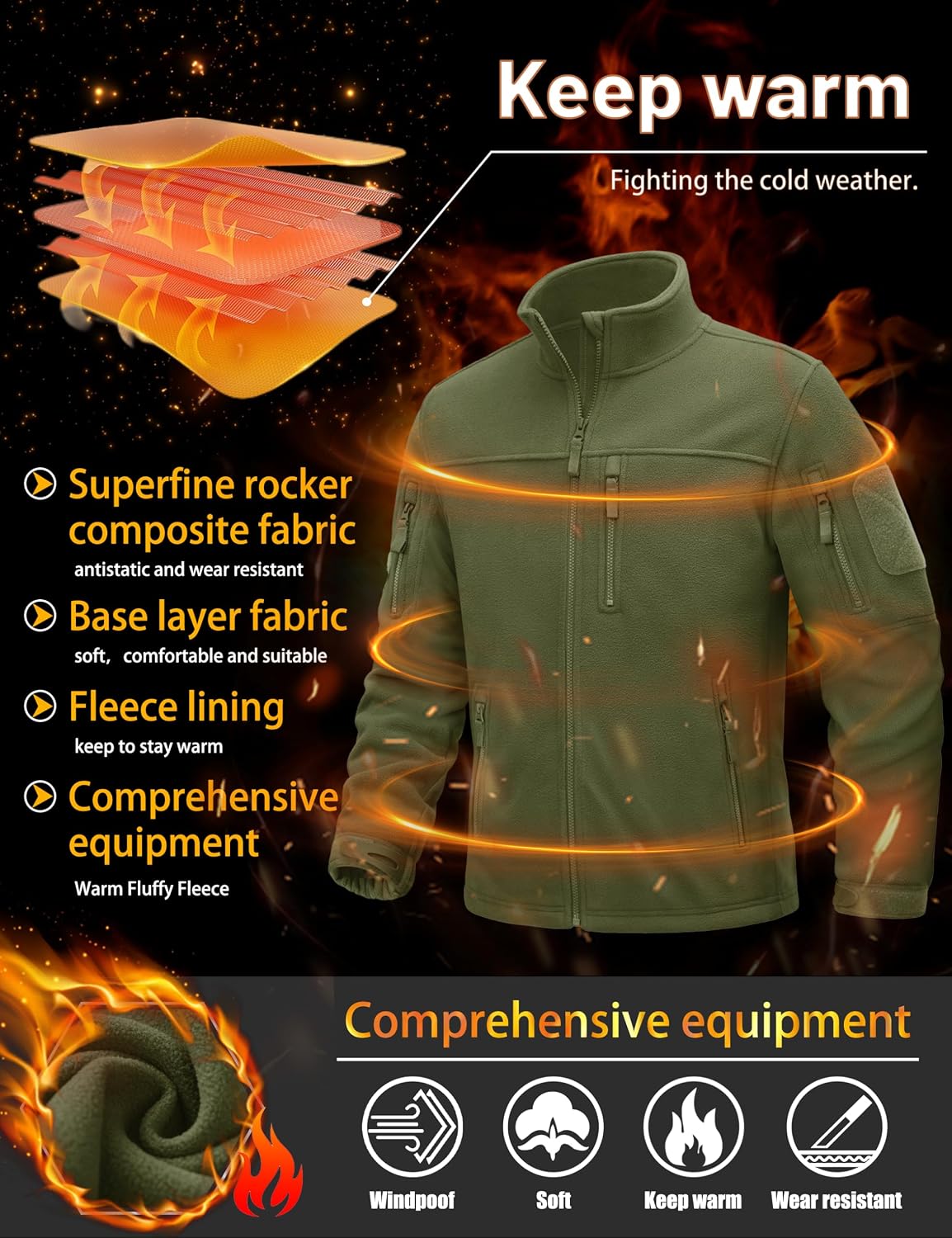 TACVASEN Men's Fleece Jacket Full Zip Winter Lightweight Tactical Jackets Outdoor Hiking Coats with Pockets