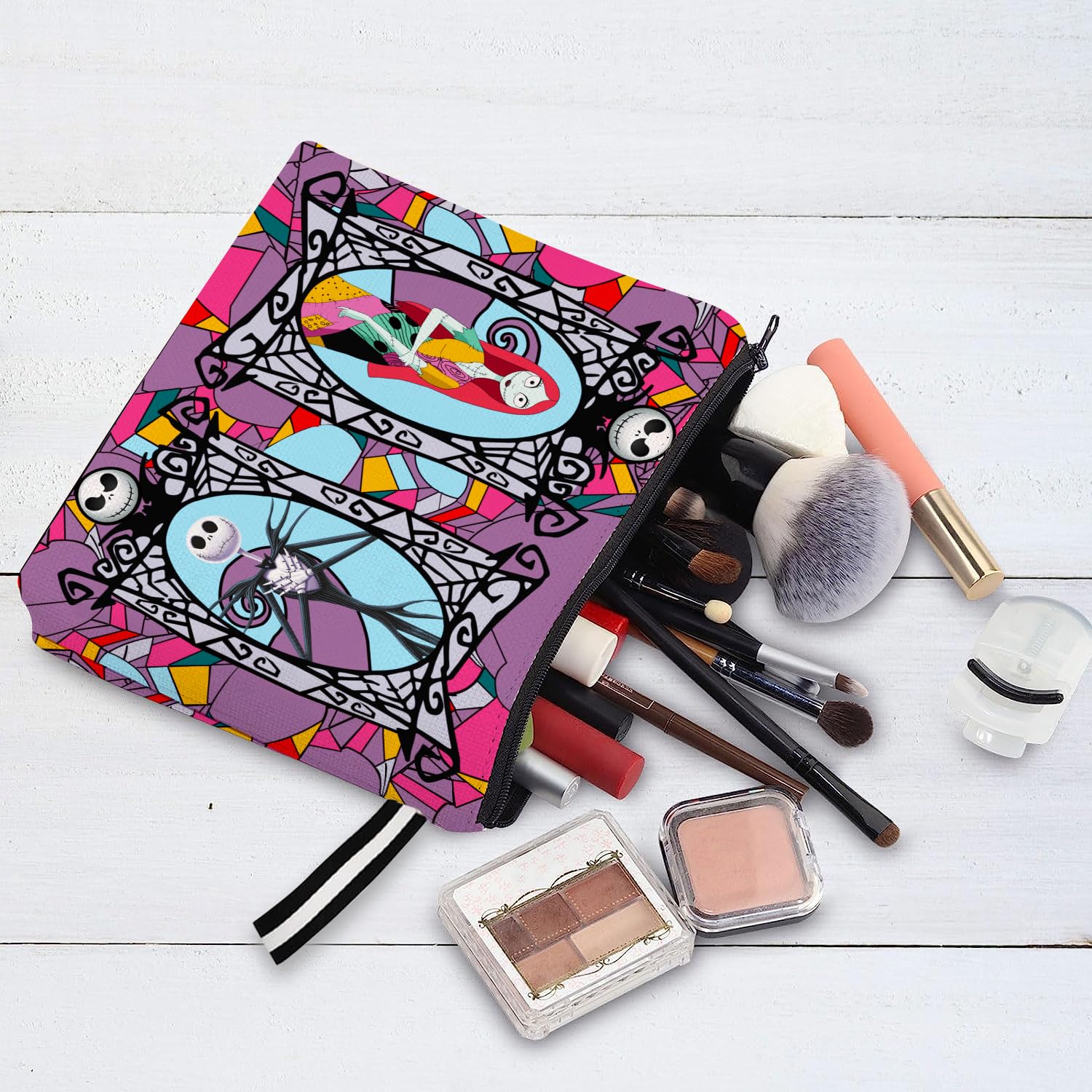 Portable Jack & Sally Themed Makeup Bag, Before Xmas Nightmare Cosmetic Bag, Jack Skellington & Sally Portable Travel Cosmetic Organizer- Cotton & Linen, Water-Resistant, 9.8x7 Inches