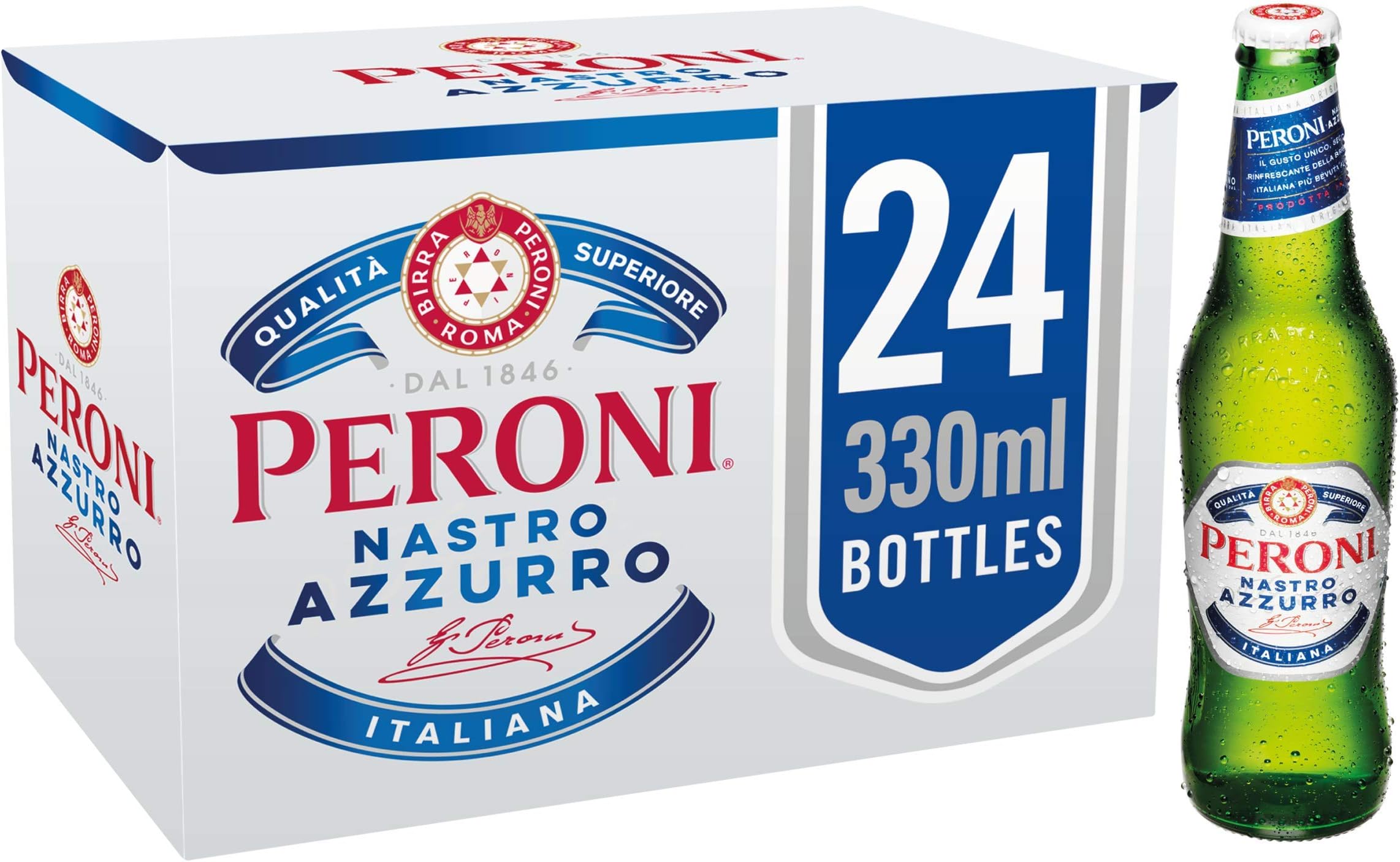 Peroni Nastro Azzurro Italian Lager, 24 x 330ml, 5% ABV, Brewed in Italy, Premium Lager (Packaging may vary)