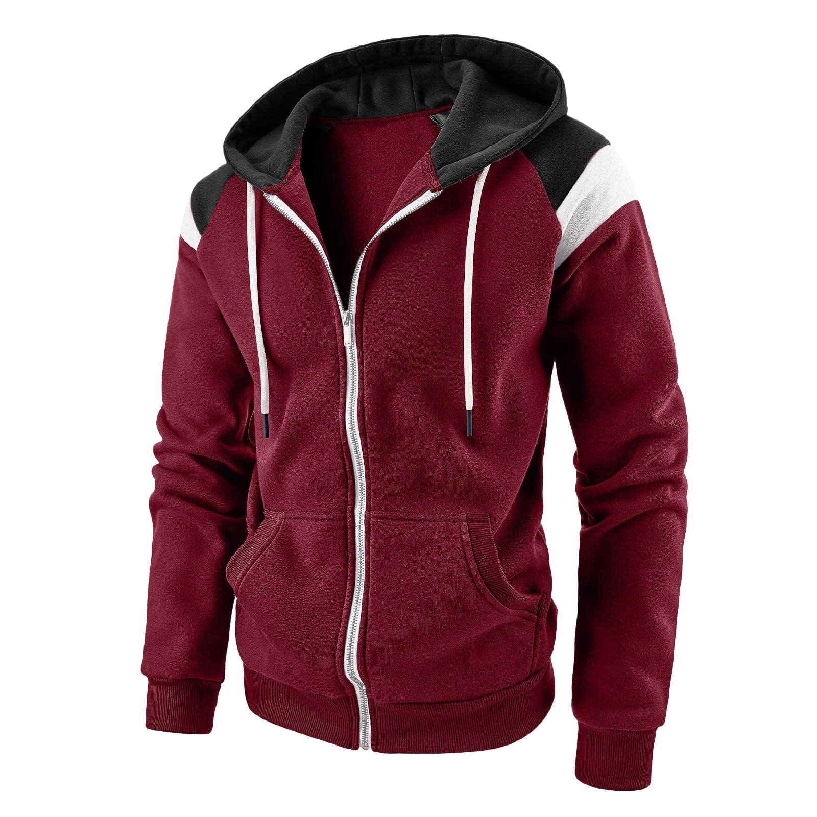 Men's Full Zip Fleece Hoodies Color Block Hooded Jacket Slim Fit Long  Sleeve Lightweight Sweatshirt with Kanga Pocket