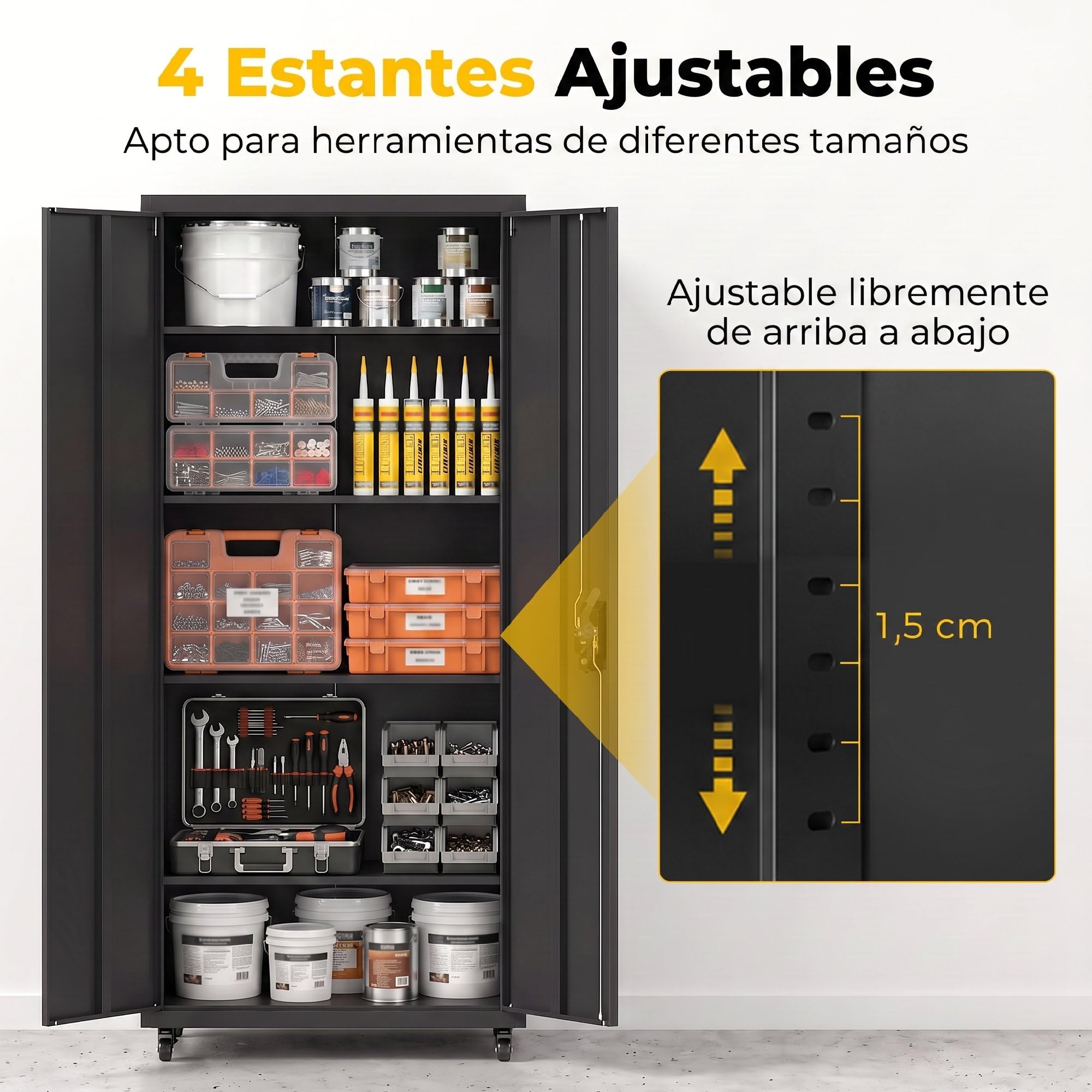 HOMCOM Armario de Herramientas de Acero Ruedas con Freno 180 cm Negro