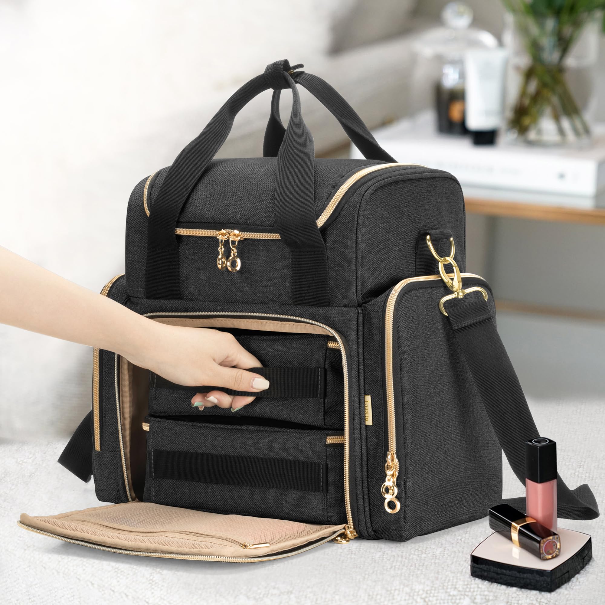 Luxja Kulturtasche Damen, Make Up Organizer Tasche, Kosmetikkofffer für Make up, Kosmetiktasche zum Tragen, Reise Kulturbeutel für Mädchen, Männer und Frauen, Schwarz | Kosmetikkofffer für Make up, Kosmetiktasche zum Tragen, Reise Kulturbeutel für Mädchen