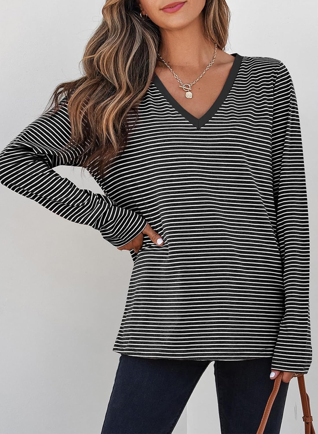 EVALESS Spring Summer Tops for Women Trendy V Neck Long Sleeve Shirts 2025 Basic T Shirts Loose Tee Clothes Casual Outfits - Image 2