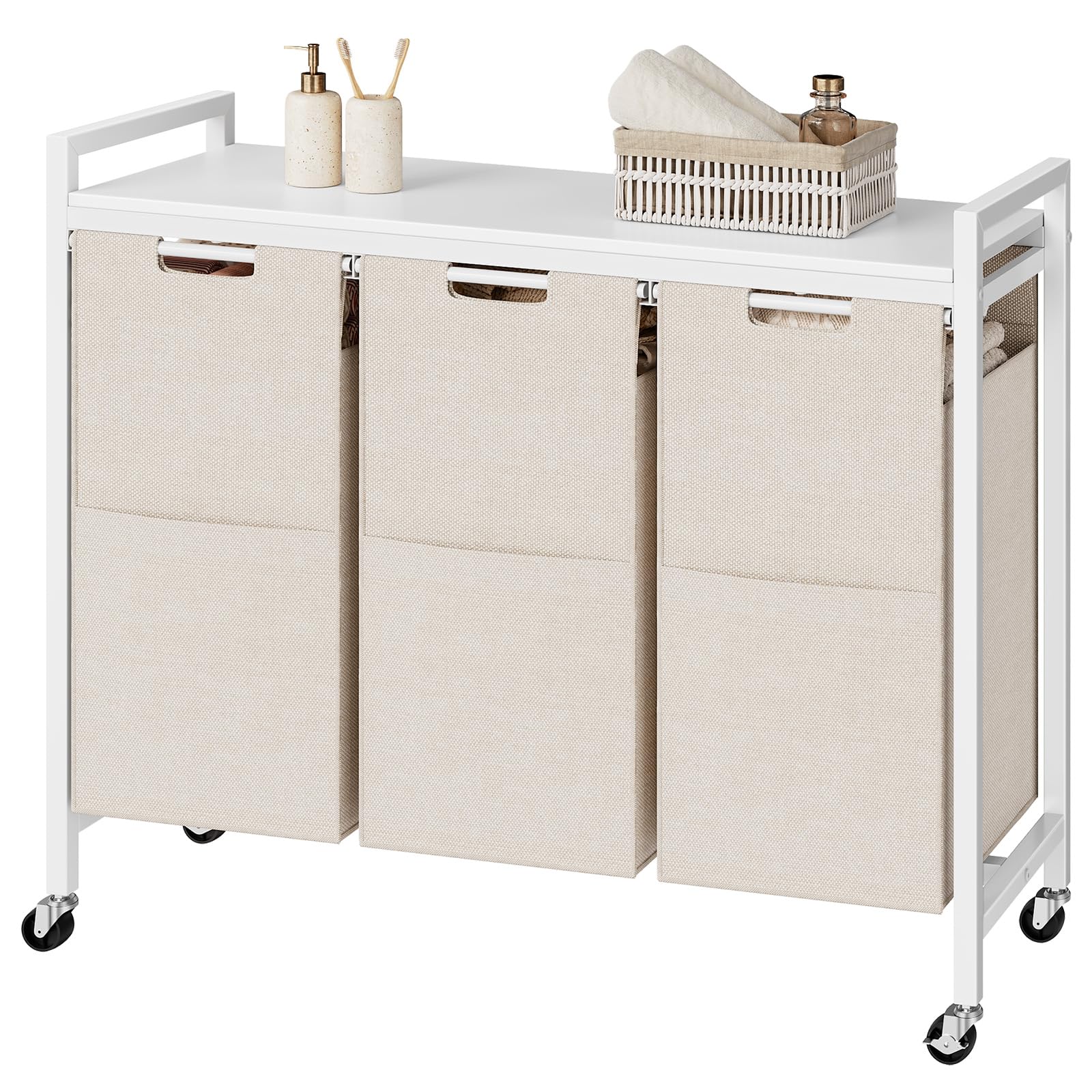 HOOBRO Cesto para Ropa Sucia, Cesta Colada con 3 Bolsas Extraíbles, Carro de Lavandería, 3 x 39,8 L, 84 x 33 x 74, 5 cm, para Lavadero, Baño, Blanco y Gris EWG38XY01G1
