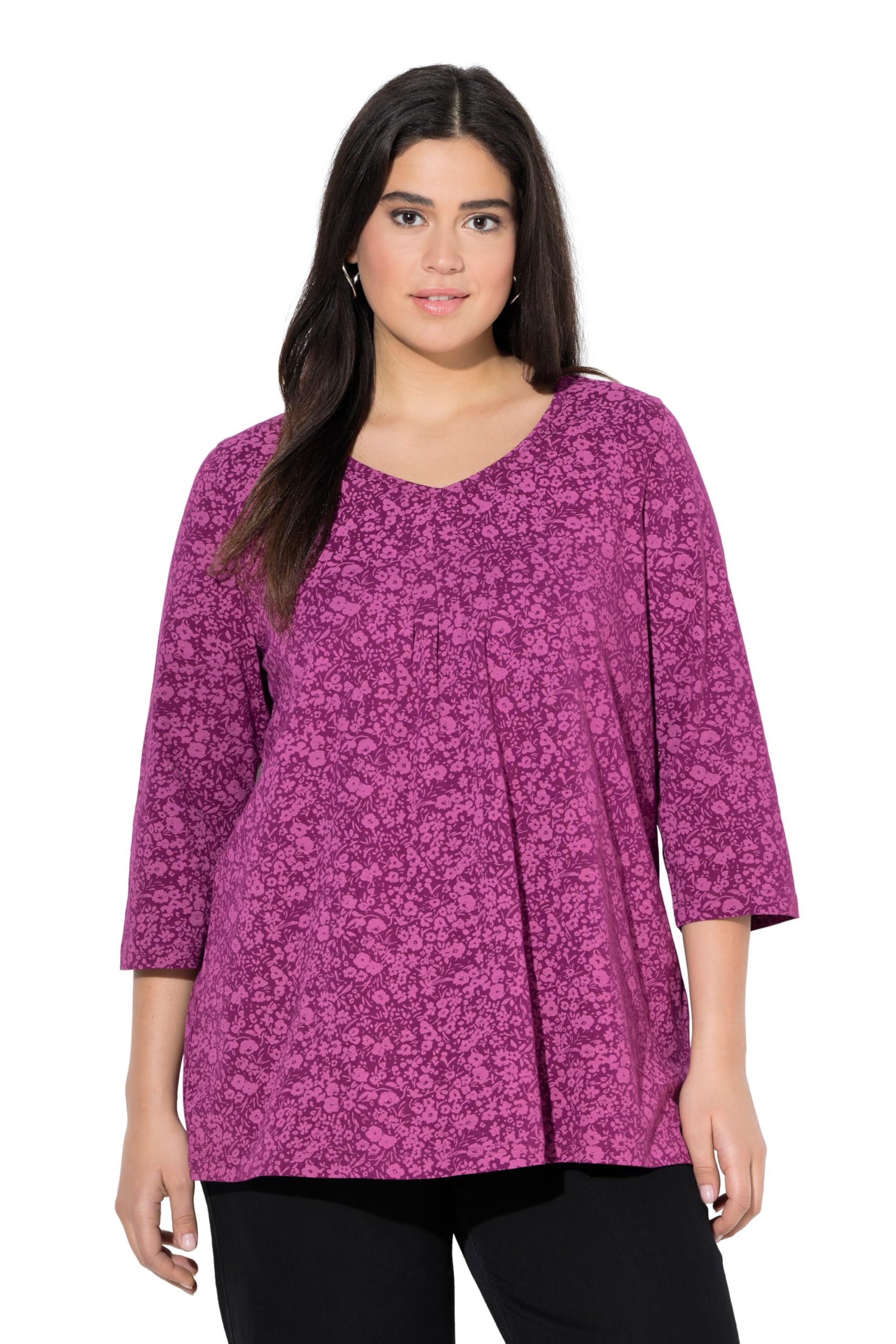 Ulla Popken Damen große Größen Übergrößen Plus Size Shirt, Blüten, Zierfalten, A-Linie, V-Ausschnitt, 3/4-Arm 842071
