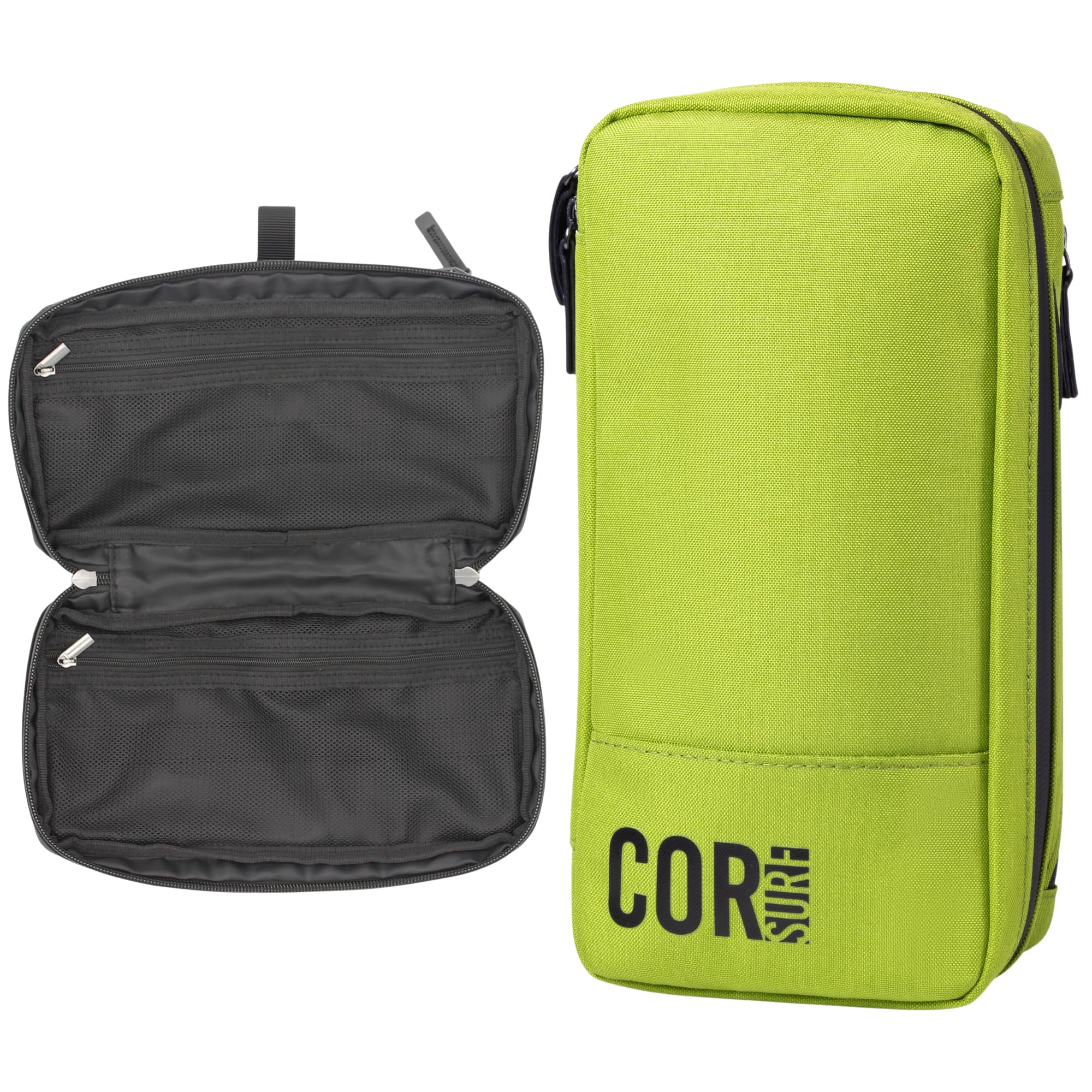 COR Surf Neceser de Viaje Compacto para Colgar, Kit Dopp Premium para Hombres y Mujeres para Viajes | Impermeable con 4 Compartimentos Separados y Cremalleras Impermeables (Verde)