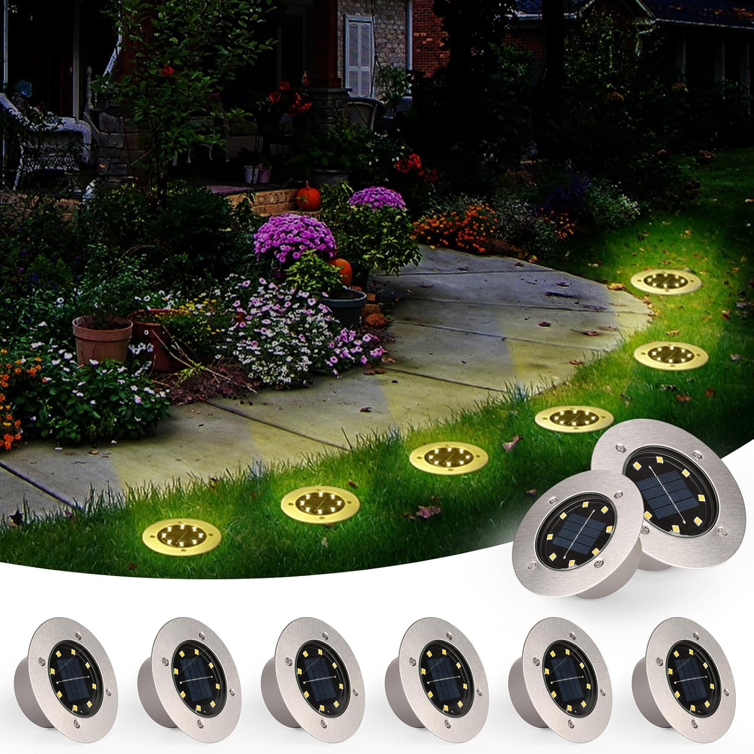 TOSHIN Lumière Solaire Extérieur, 8 Pièces Lampe Solaire Au Sol Jardin, 8 LED Etanche IP65 Spot Solaire Extérieur Encastrables Éclairage pour Chemins Pelouse Terrasse Cour Piscine, Blanc Chaud