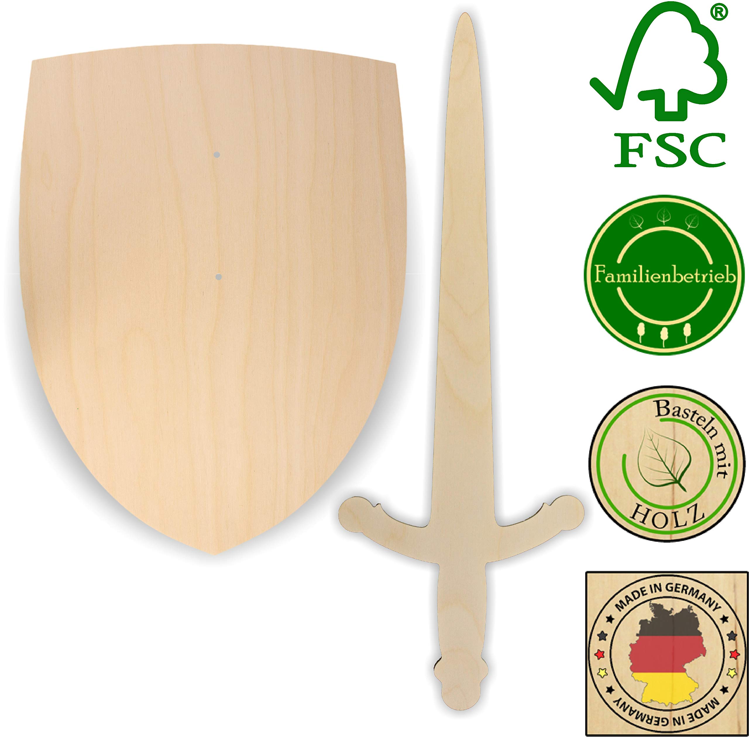 Herr Bo & Co 10x Ritterschild (ohne Griff oder Schlaufe) und Ritterschwert als Set aus 3mm Birkensperrholz, Natur