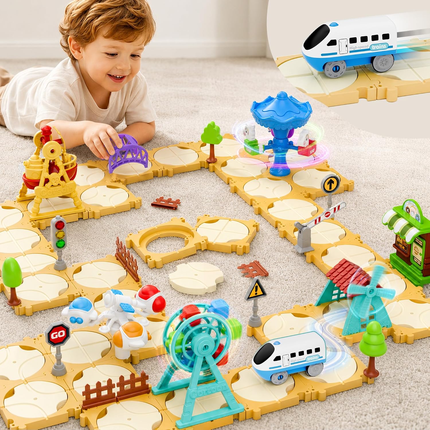 iPlay, iLearn 125 PCS Train Race Track Puzzle Toys for Kids Age 3-5, Toddler Floor Puzzle Car Track Playset W/Electric Train, Learning STEM Assemble Toy, Cool Birthday Gifts 4 6 7 8 Year Old Boy Girl