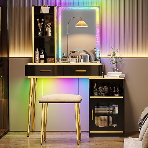 Miniatura 1 de LVSOMT Escritorio de tocador con espejo y luces para regalo de niñas, pequeño tocador de maquillaje con carga inalámbrica, tocador con espejo de