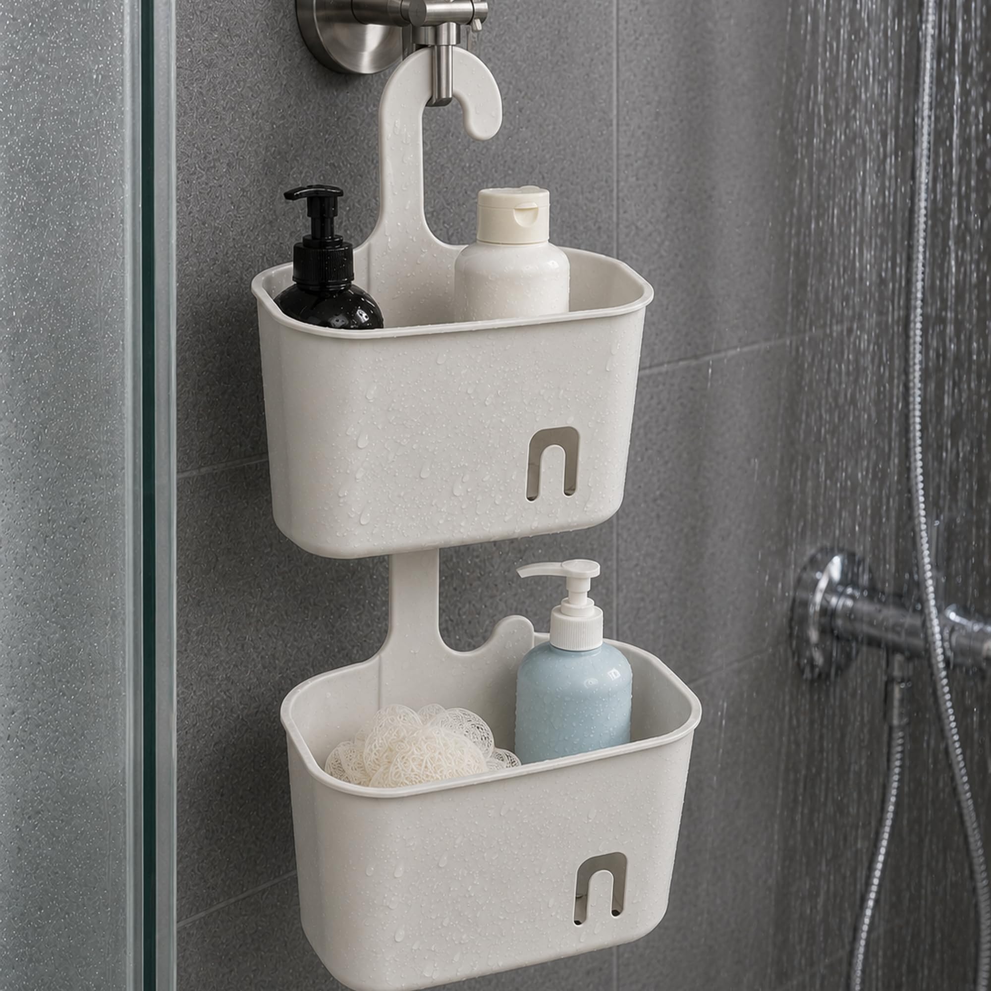 GLOW Wholesale 2 Pack Shower Caddy Hanging Over Door, Bathroom Organiser Storage Basket with Drainage Holes & Towel Hook, Durable PP Plastic Shower Shelf for Shampoo, Conditioner & Toiletries