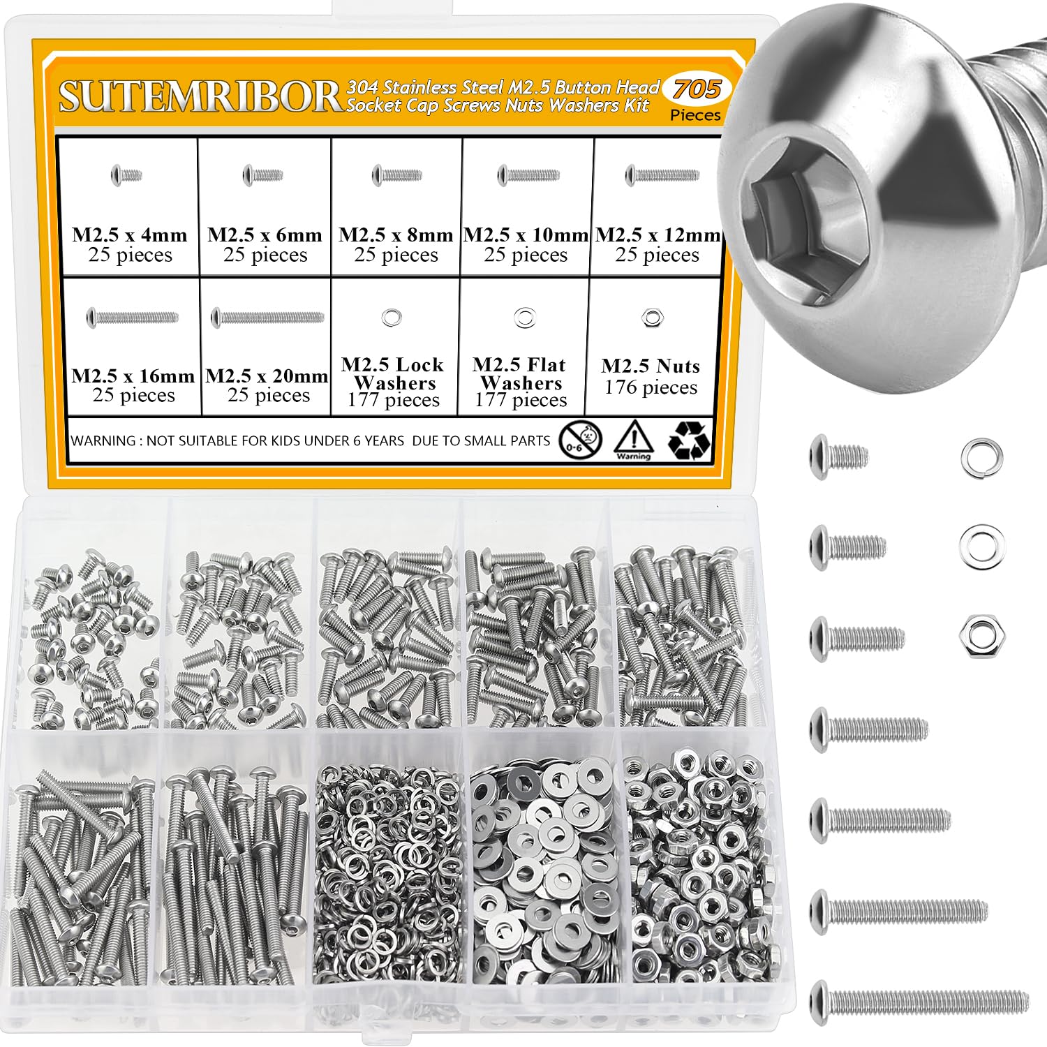 705 Pieces M2.5 Screws Nuts Washers Set, Sutemribor M2.5 x 4/6/8/10/12/16/20mm Button Head Socket Cap Screws Nuts Washers Assortment Kit, 304 Stainless Steel, Fully Threaded