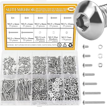 705 Pieces M2.5 Screws Nuts Washers Set, Sutemribor M2.5 x 4/6/8/10/12/16/20mm Button Head Socket Cap Screws Nuts Washers Assortment Kit, 304 Stainless Steel, Fully Threaded