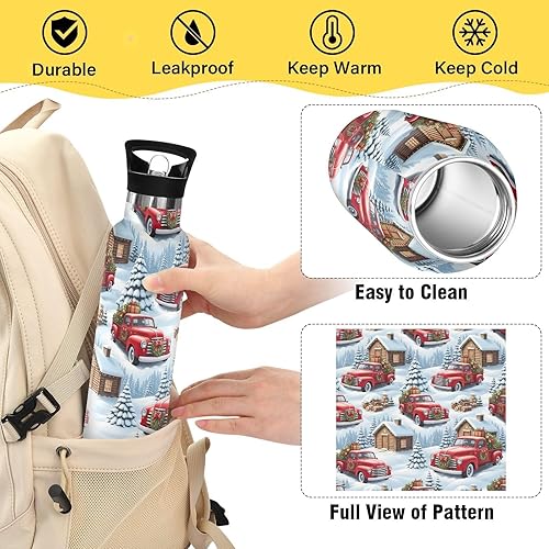 Miniatura 4 de Kids Water Bottle for School Leakproof Insulated Water Bottles 20oz, BPA-Free, Christmas Vintage Red Trucks