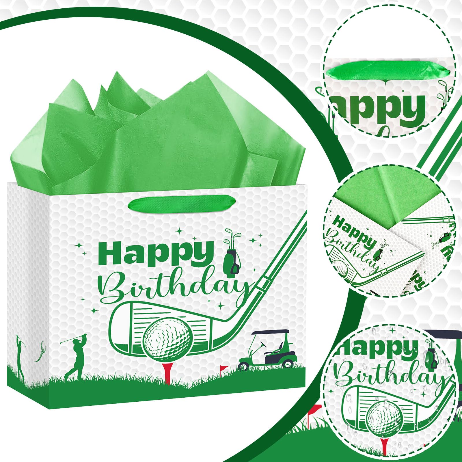 Abilat Large Golf Birthday Gift Bag with Tissue Paper and Greeting Card Reusable Golf Birthday Party Favors Wrapping Bag for Boys Men Sports Themed Party Decoration Supplies