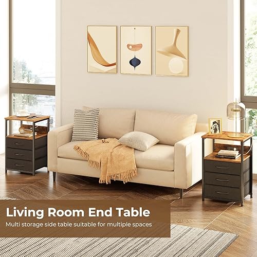 Miniatura 6 de Seventable Mesita de noche con estación de carga y luz LED, mesa auxiliar con 3 cajones de tela, mesita de noche con puertos USB y tomas, mesita de