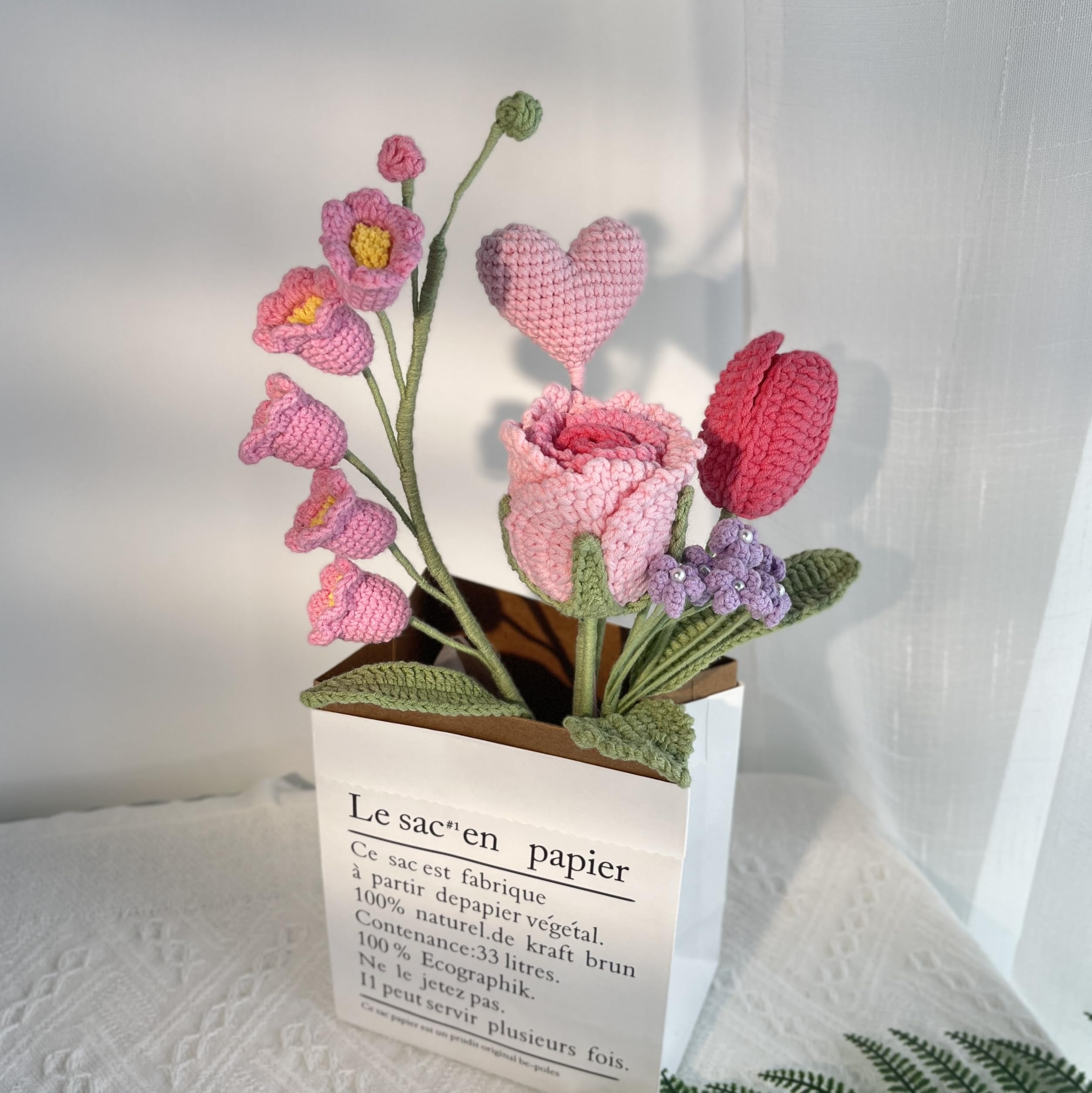 JOMODECOR Handmade Crochet Rose Heart Bouquet, Knitted