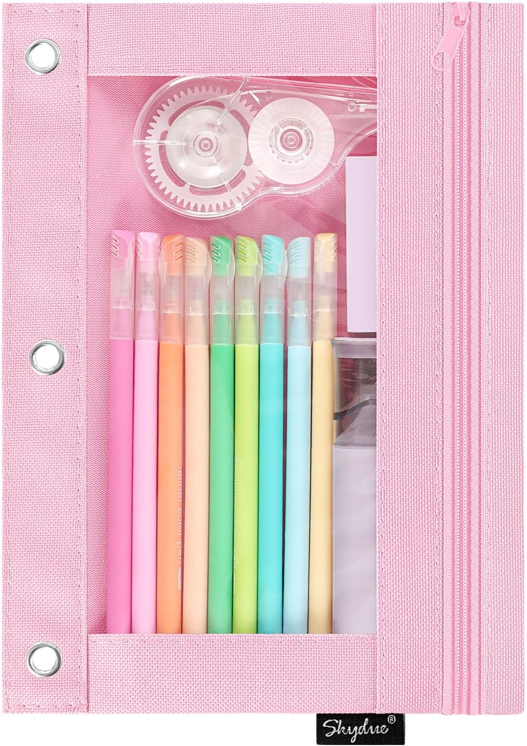 SKYDUE Pencil Pouch for 3 Ring Binder, Zipper Pencil Pouches for Girls Boys, Clear Window Pencil Case for Binder, 3 Ring Pencil Pouch for Binder,Pink