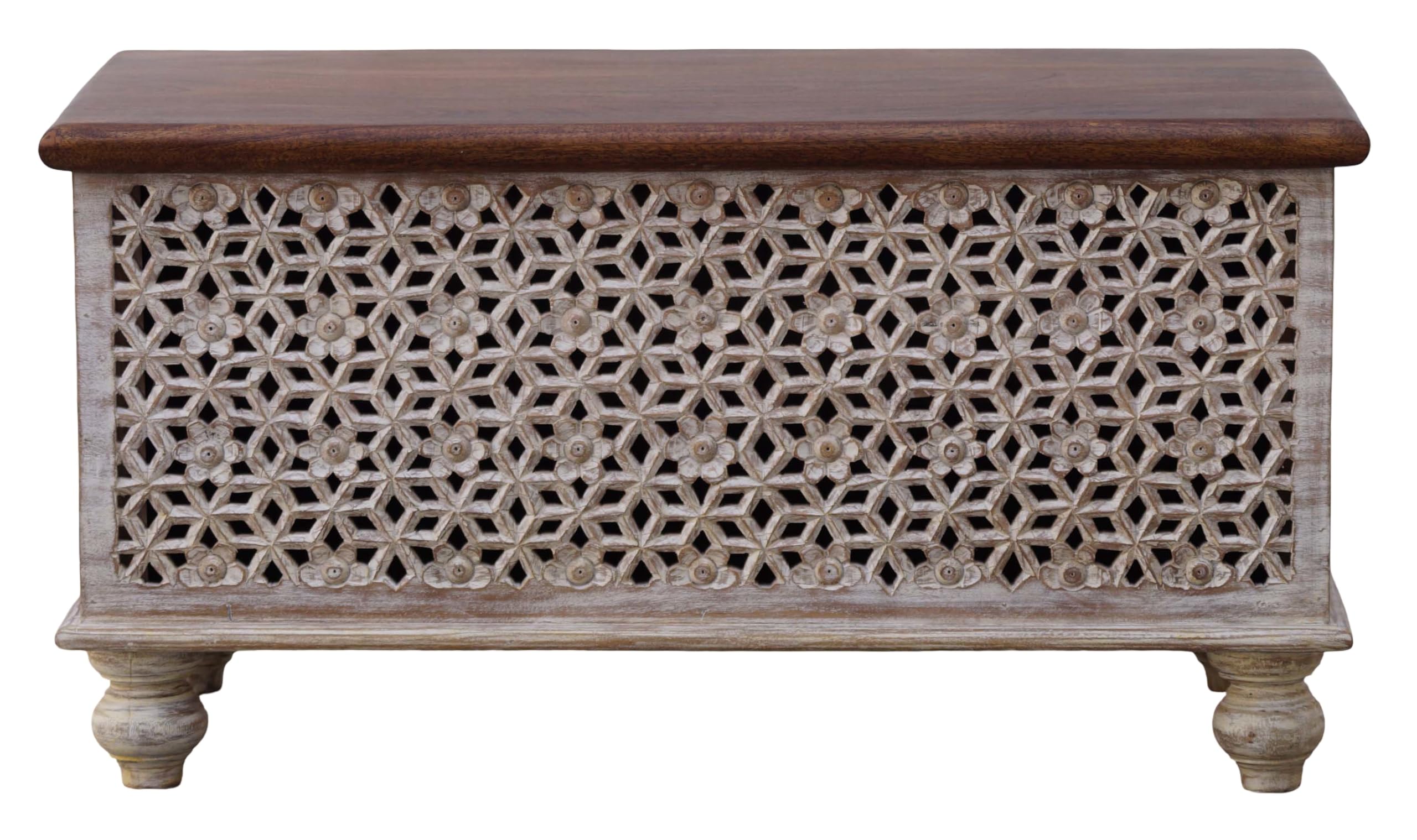 Wooden Carved Trunk, Wooden Storage Trunk, Coffee Table for Living Room, Center Table with Storage, Carved Box, Storage Box, Blanket Box for Bedroom, Lattice Floral Design, White Distressed Finish.
