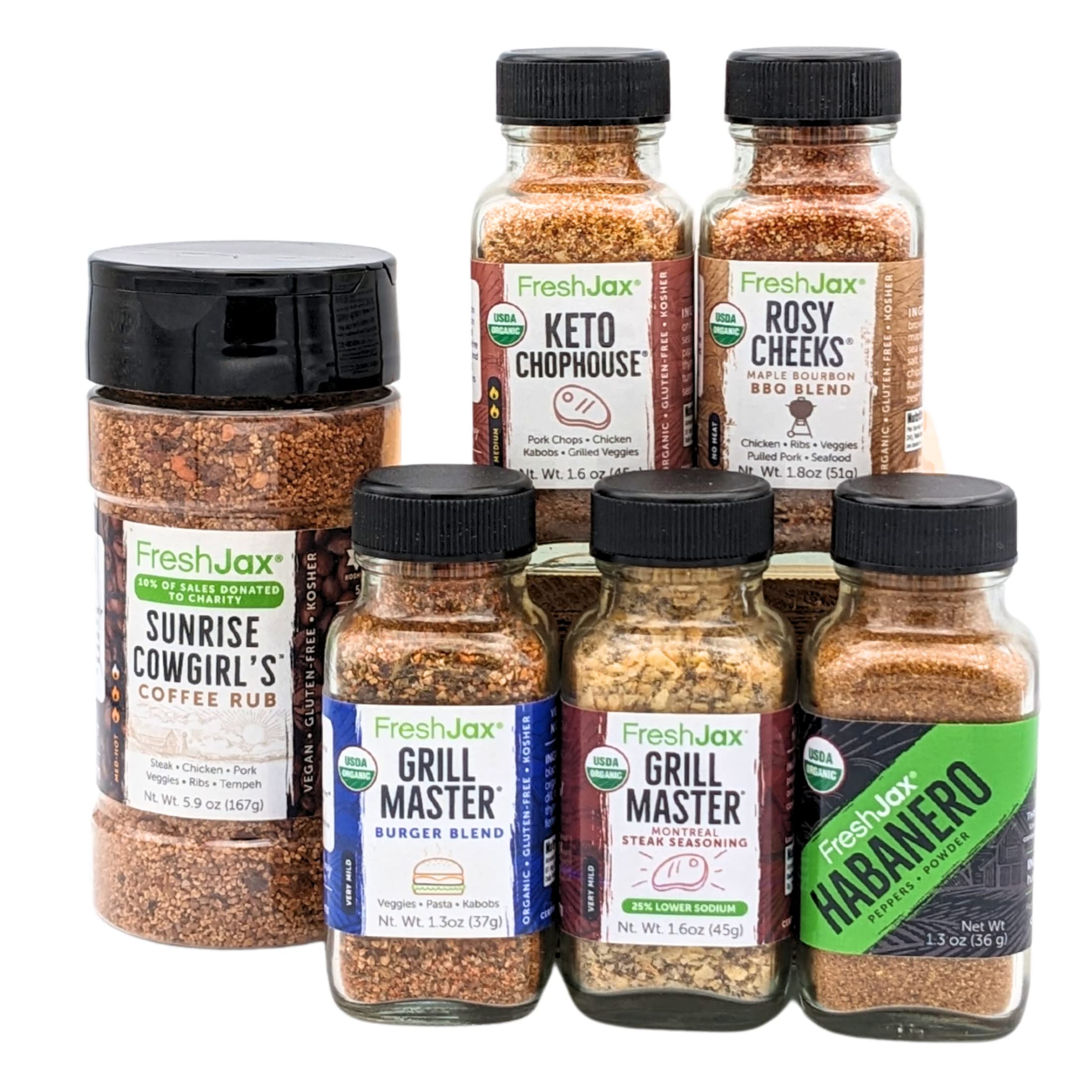 FreshJaxOrganic Spices | Coffe Rub Cook Out Set | 5 Sampler Sized Seasonings and one Large Bottle of Sunrise Cowgirl | Handcrafted in Jacksonville, Florida