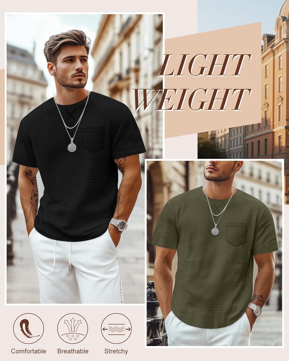 Riyiper 3 Pack Men's Casual Waffle T Shirts Summer Crewneck Short Sleeve Tops Basic Vintage Knit Tee with Pocket - Image 4