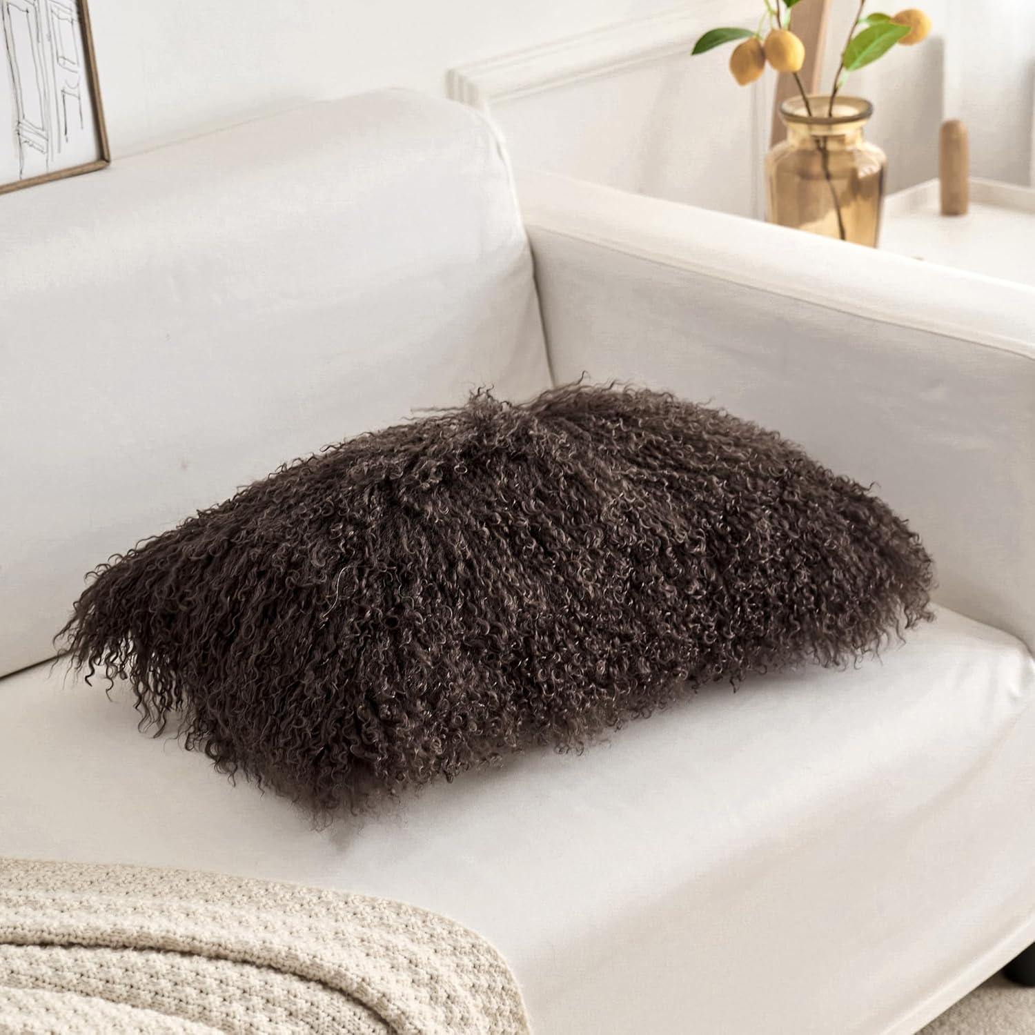 Genuine Mongolian Lamb Fur Pillow Cover – 12"x20" Rectangular Cushion Case – Soft Curly Wool Decorative Accent for Sofa, Bed, or Chair (Chocolate Brown)